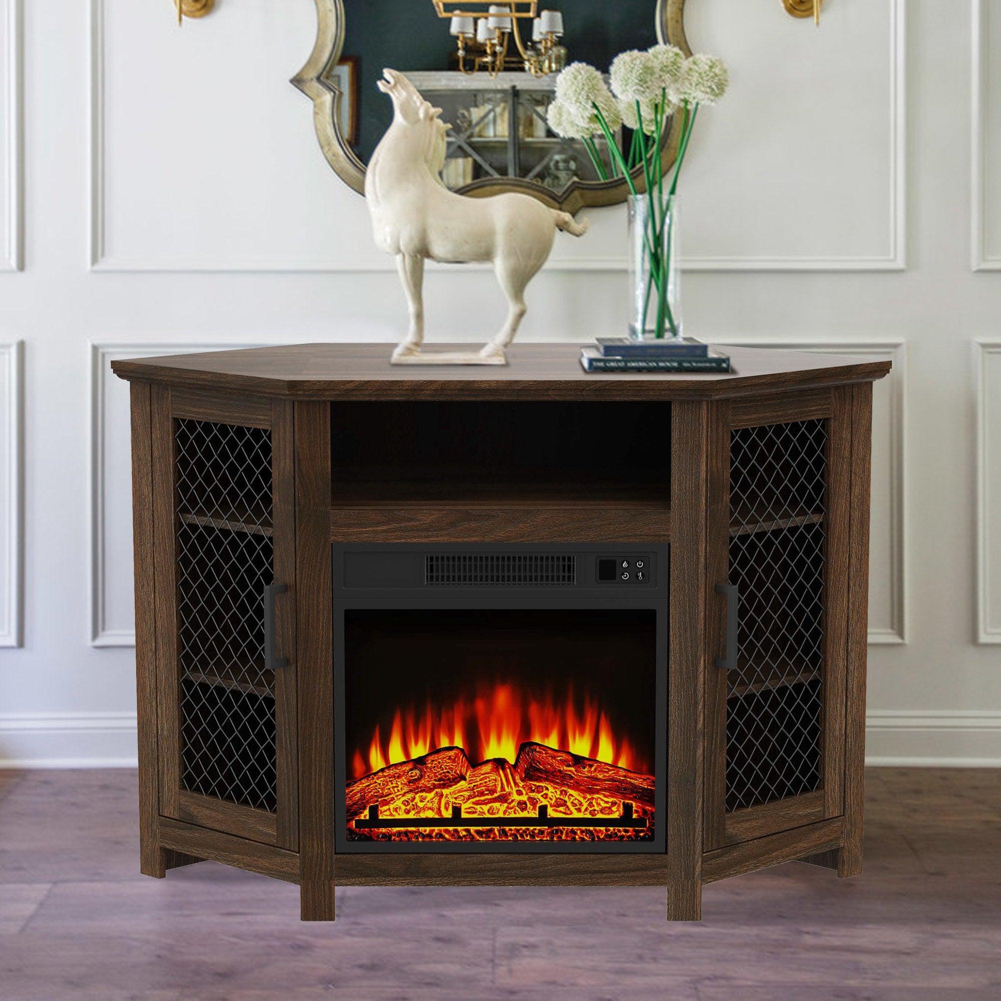 Parrot Uncle Furniture 45" Corner Electric Fireplace TV Stands Console Table with 2 Metal Mesh Doors - ParrotUncle