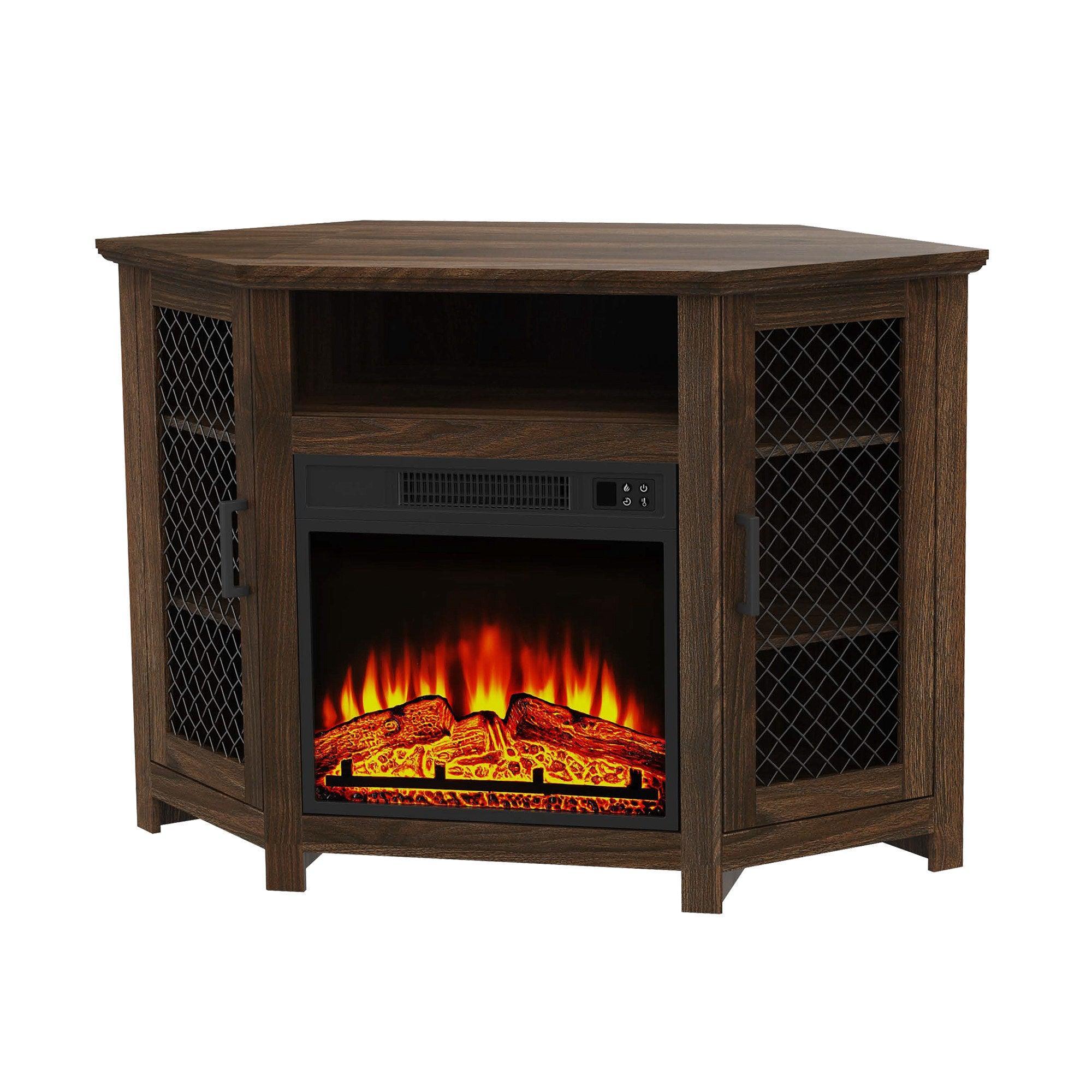 Parrot Uncle Furniture 45" Corner Electric Fireplace TV Stands Console Table with 2 Metal Mesh Doors - ParrotUncle