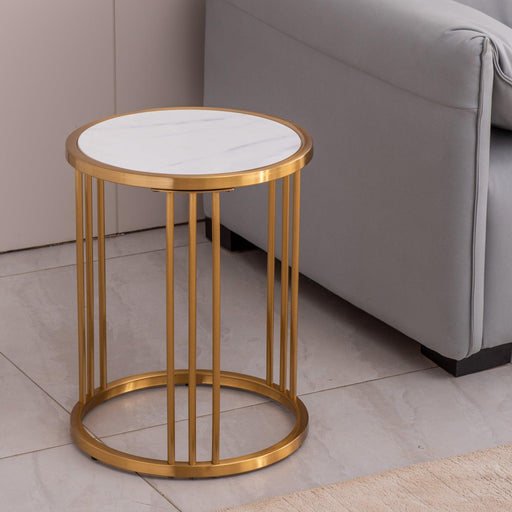 Slate Sintered Stone Round Side End Table with Golden Stainless Steel Frame - ParrotUncle