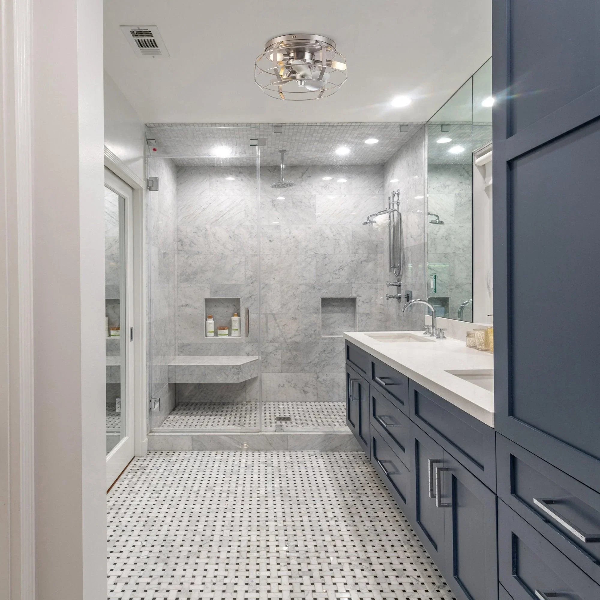 12" Industrial DC Motor Satin Nickel Flush Mount Reversible Iron Ceiling Fan with Lighting and Remote Control - ParrotUncle