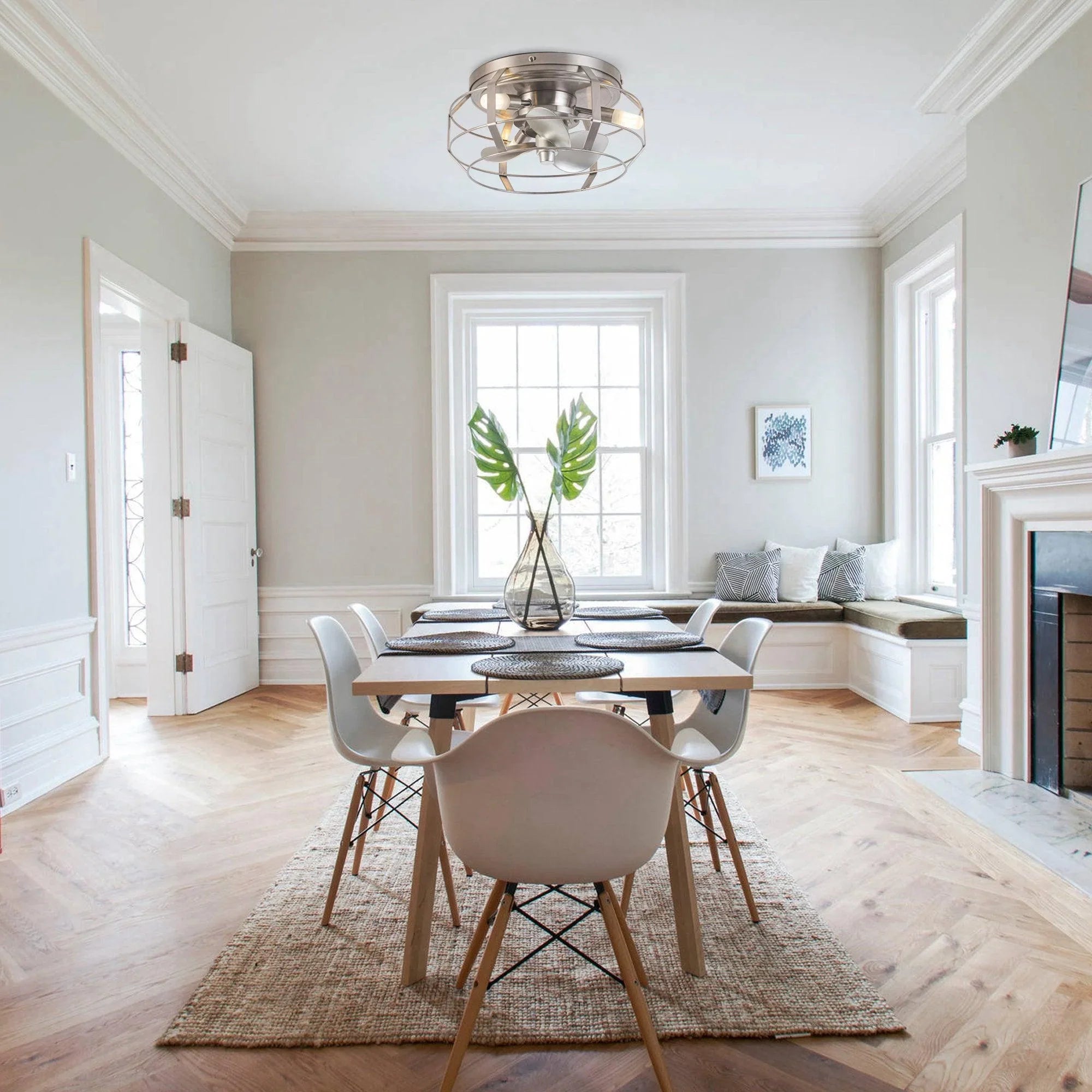 12" Industrial DC Motor Satin Nickel Flush Mount Reversible Iron Ceiling Fan with Lighting and Remote Control - ParrotUncle