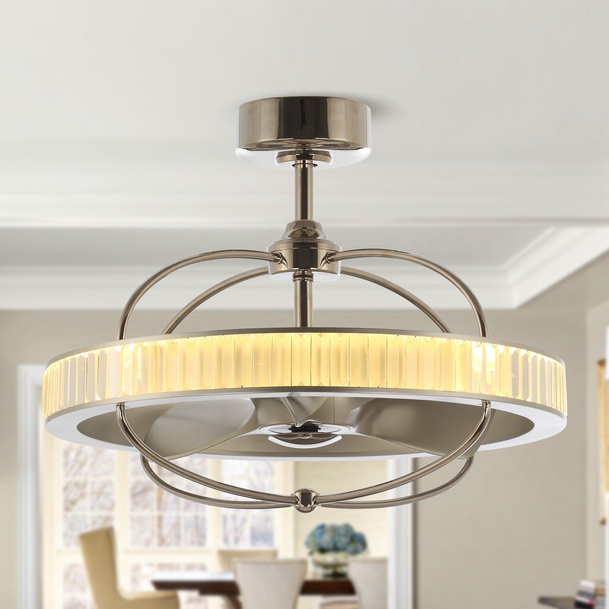 27" Industrial DC Motor Brushed Nickel Downrod Mount Reversible Crystal Ceiling Fan with Lighting and Remote Control - ParrotUncle