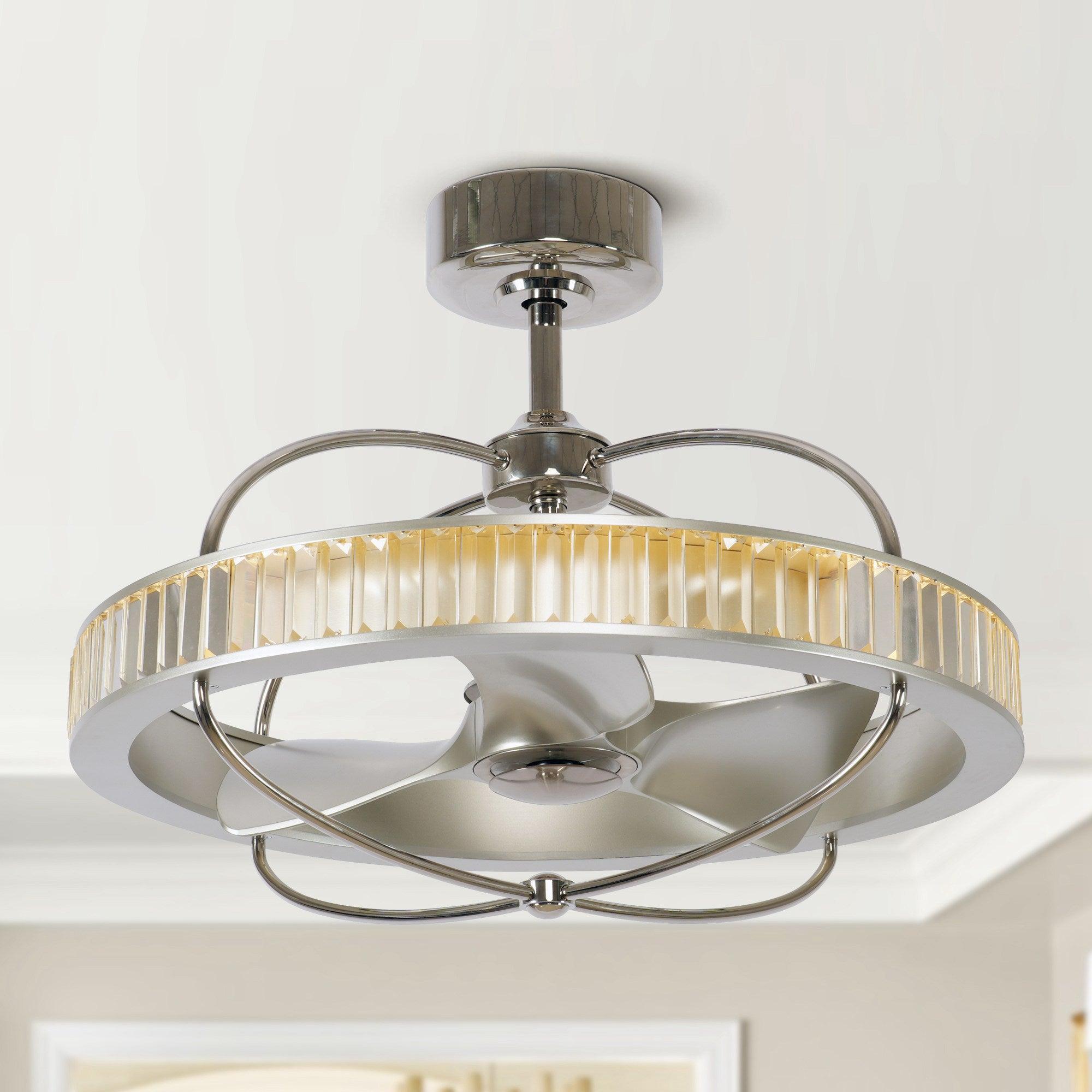 27" Industrial DC Motor Brushed Nickel Downrod Mount Reversible Crystal Ceiling Fan with Lighting and Remote Control - ParrotUncle