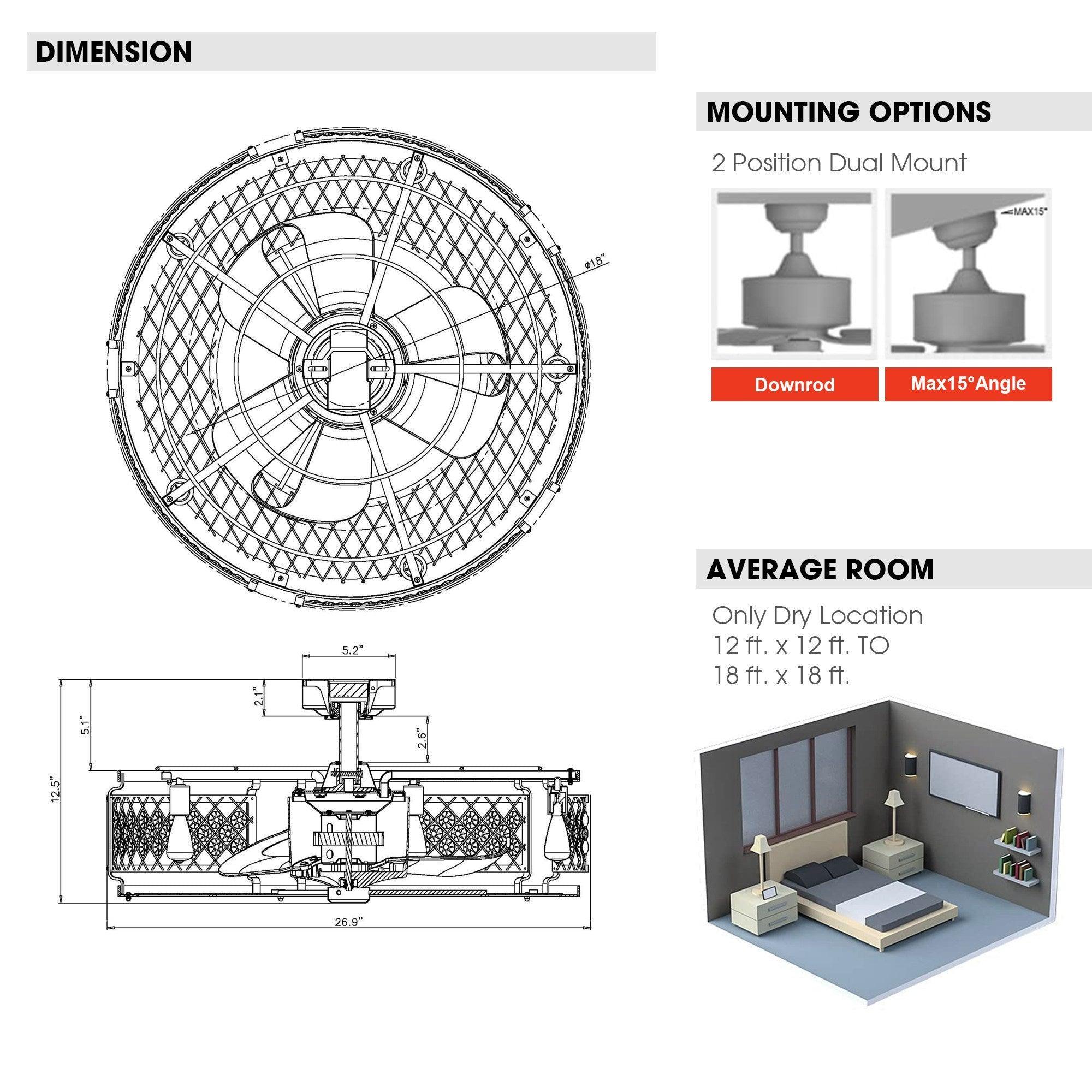 27" Wright Industrial DC Motor Downrod Mount Reversible Crystal Ceiling Fan with Lighting and Remote Control - ParrotUncle