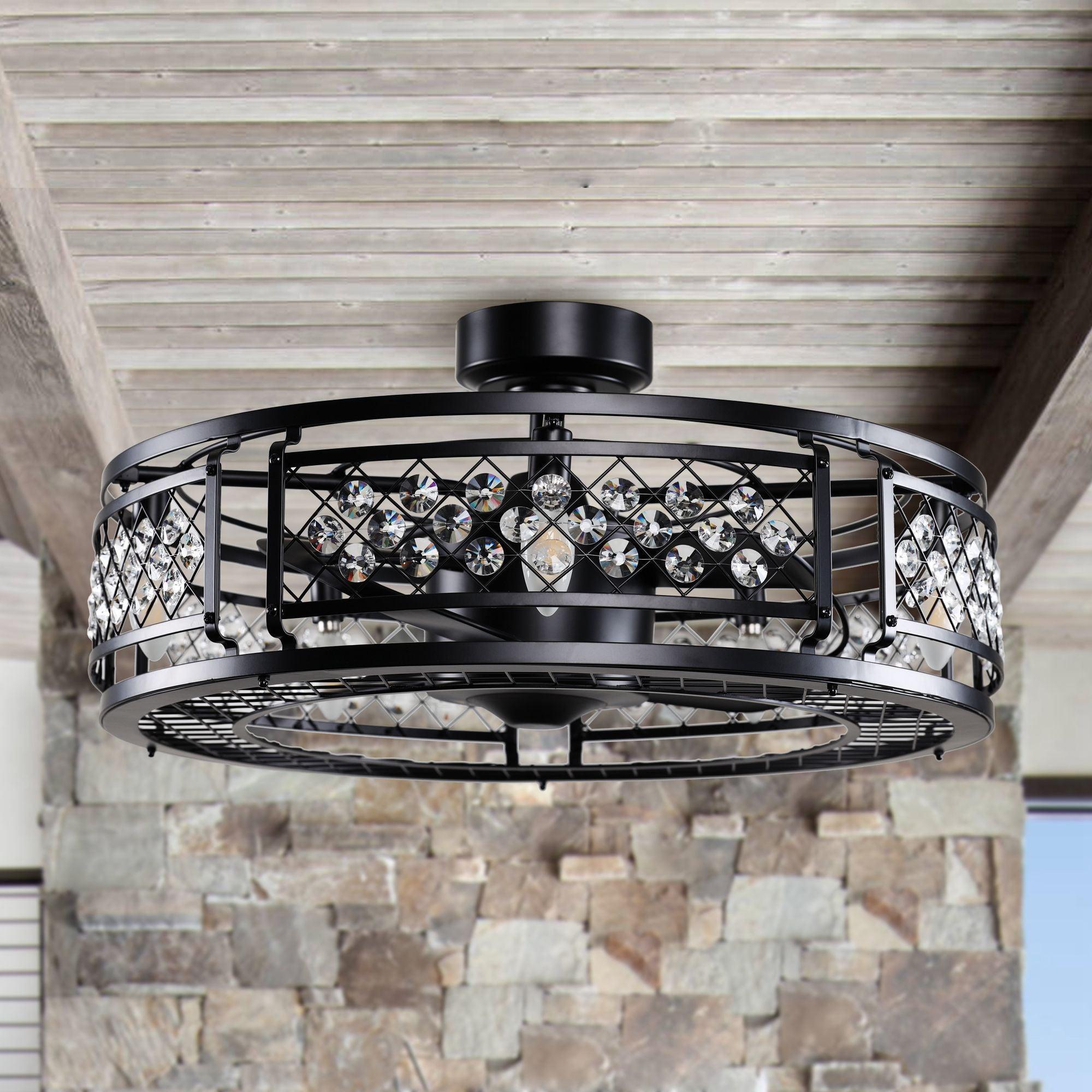 27" Wright Industrial DC Motor Downrod Mount Reversible Crystal Ceiling Fan with Lighting and Remote Control - ParrotUncle