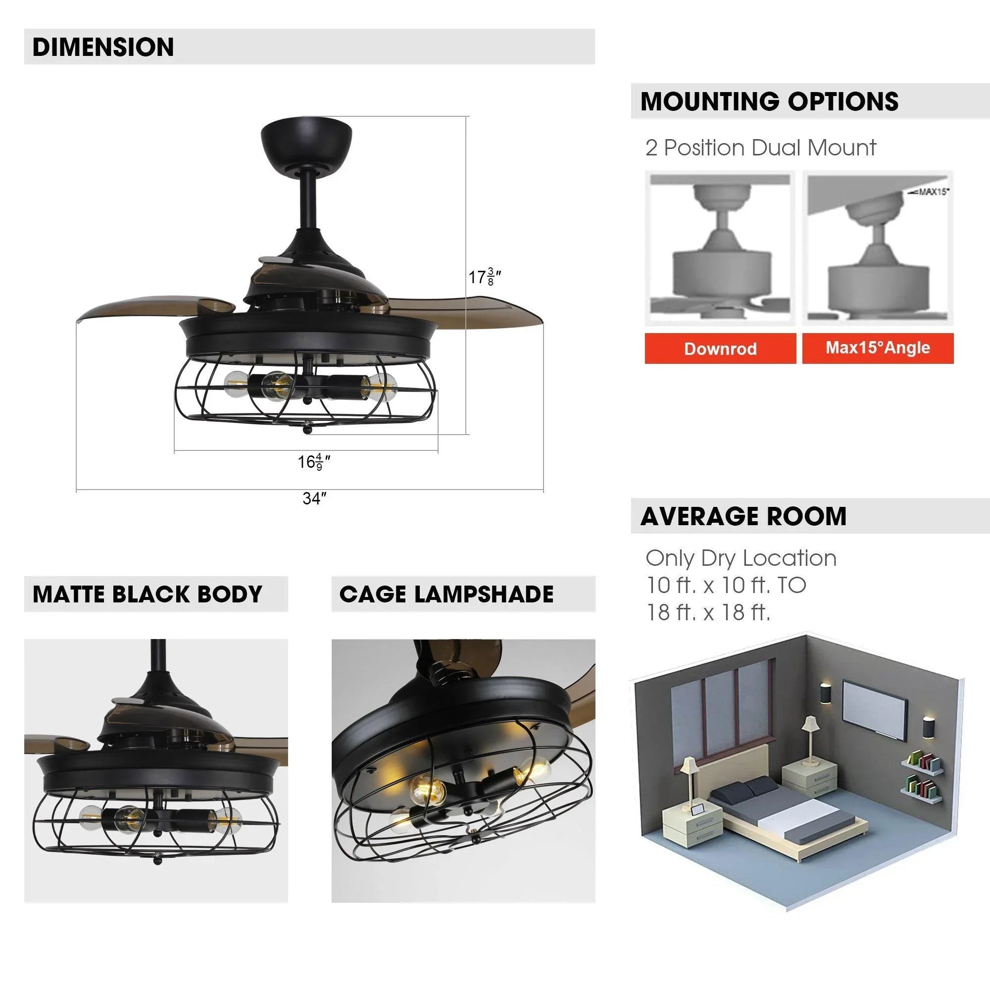 36" Benally Industrial Downrod Mount Ceiling Fan with Lighting and Remote Control - ParrotUncle