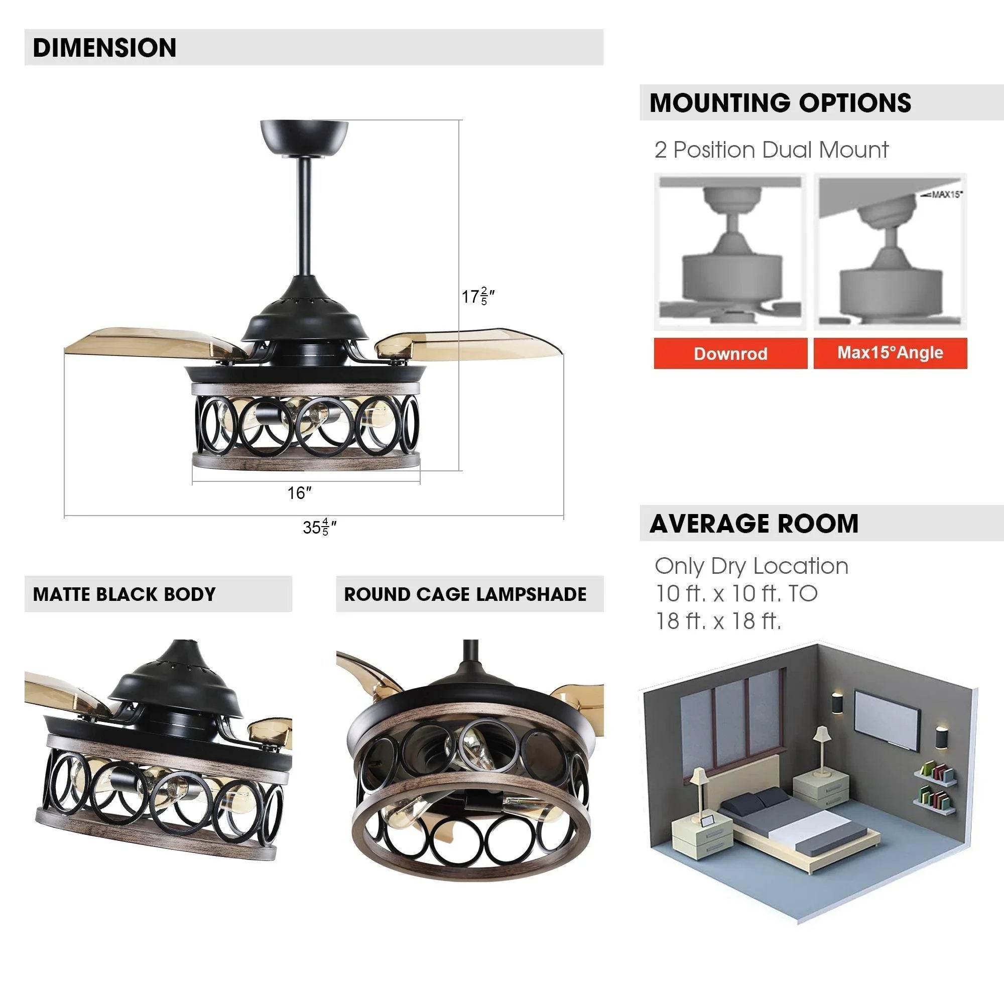36" Mirelle Farmhouse Downrod Mount Ceiling Fan with Lighting and Wall Control - ParrotUncle