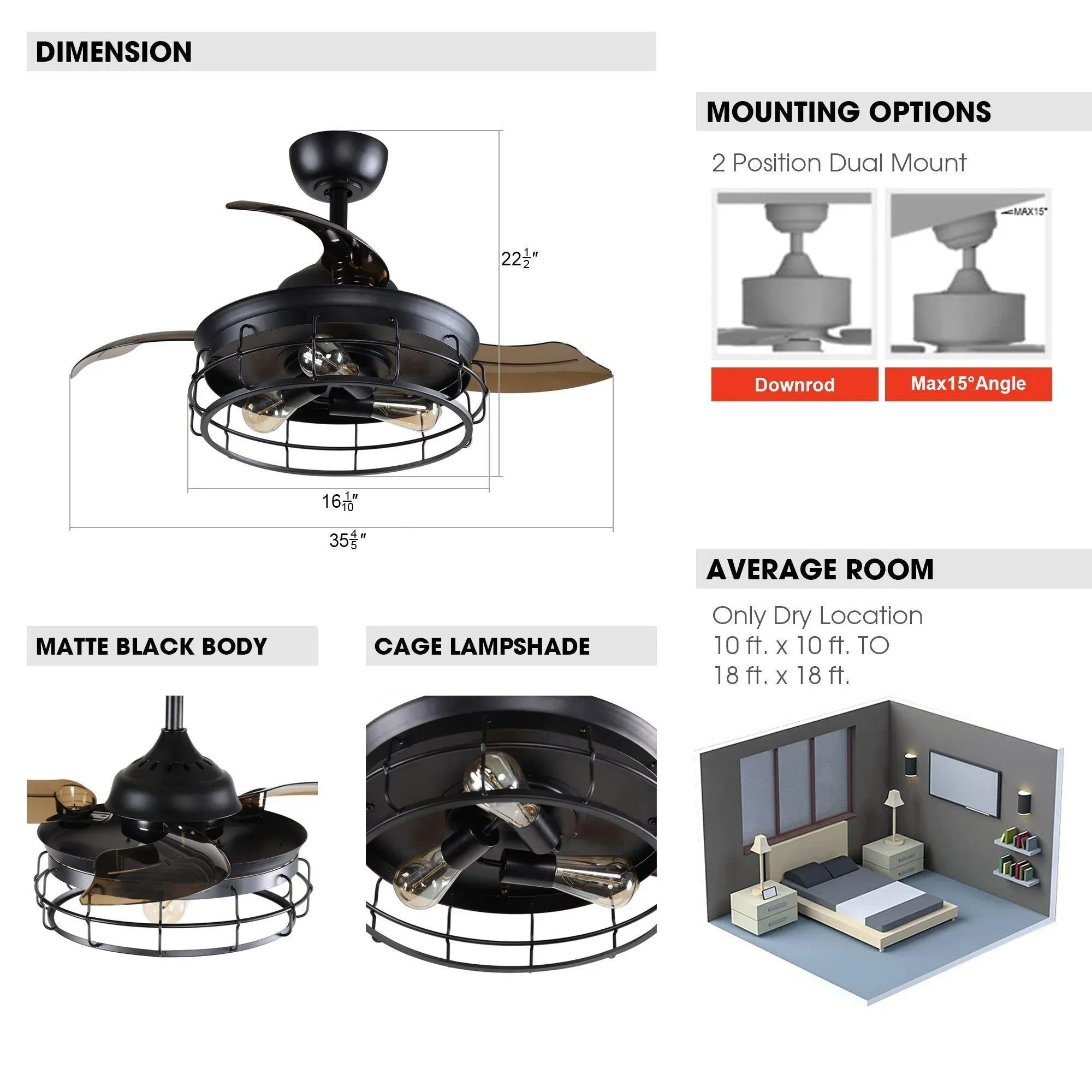 36" Pickett Industrial Downrod Mount Ceiling Fan with Lighting and Remote Control - ParrotUncle