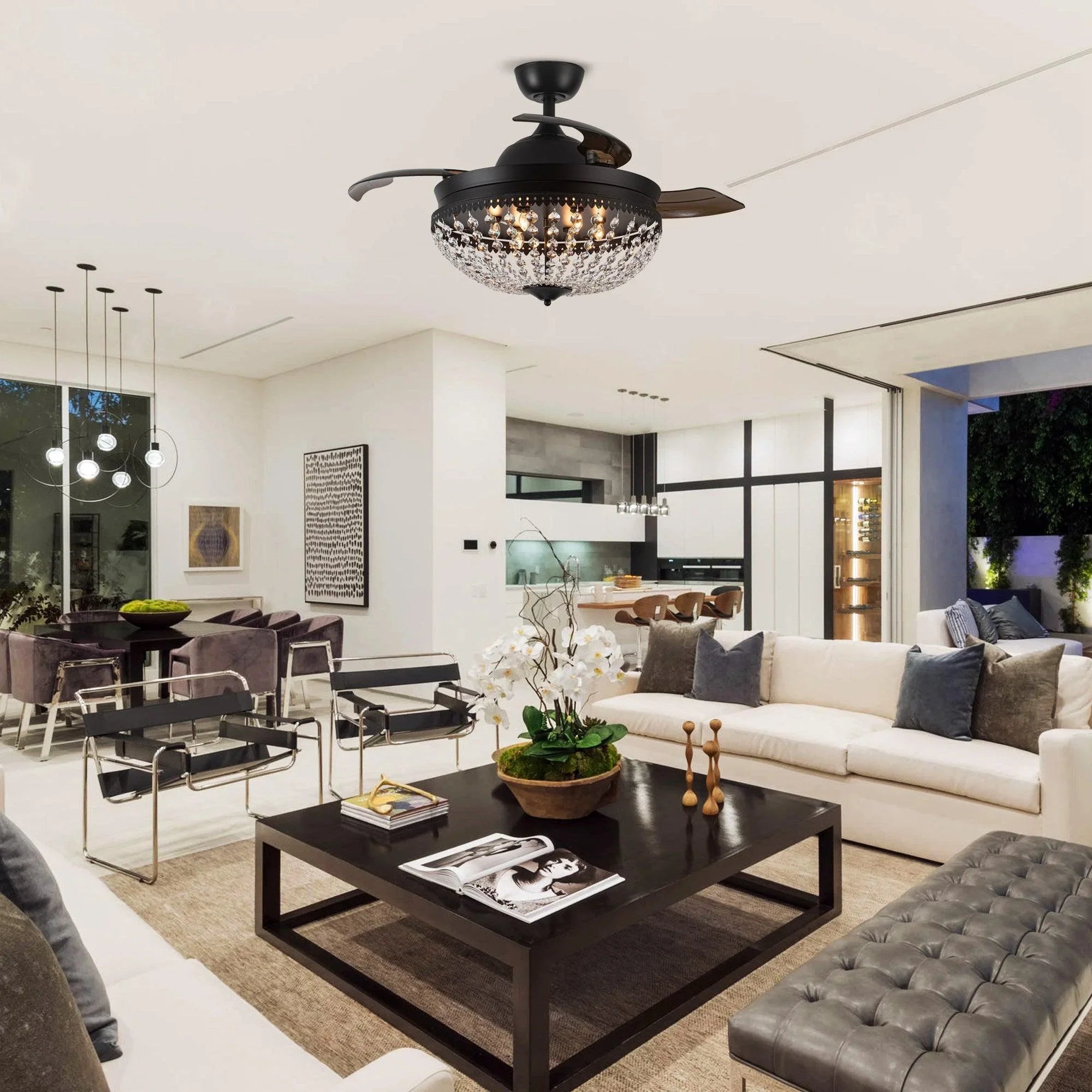 42" Servantes Modern Downrod Mount Crystal Ceiling Fan with Lighting and Remote Control - ParrotUncle