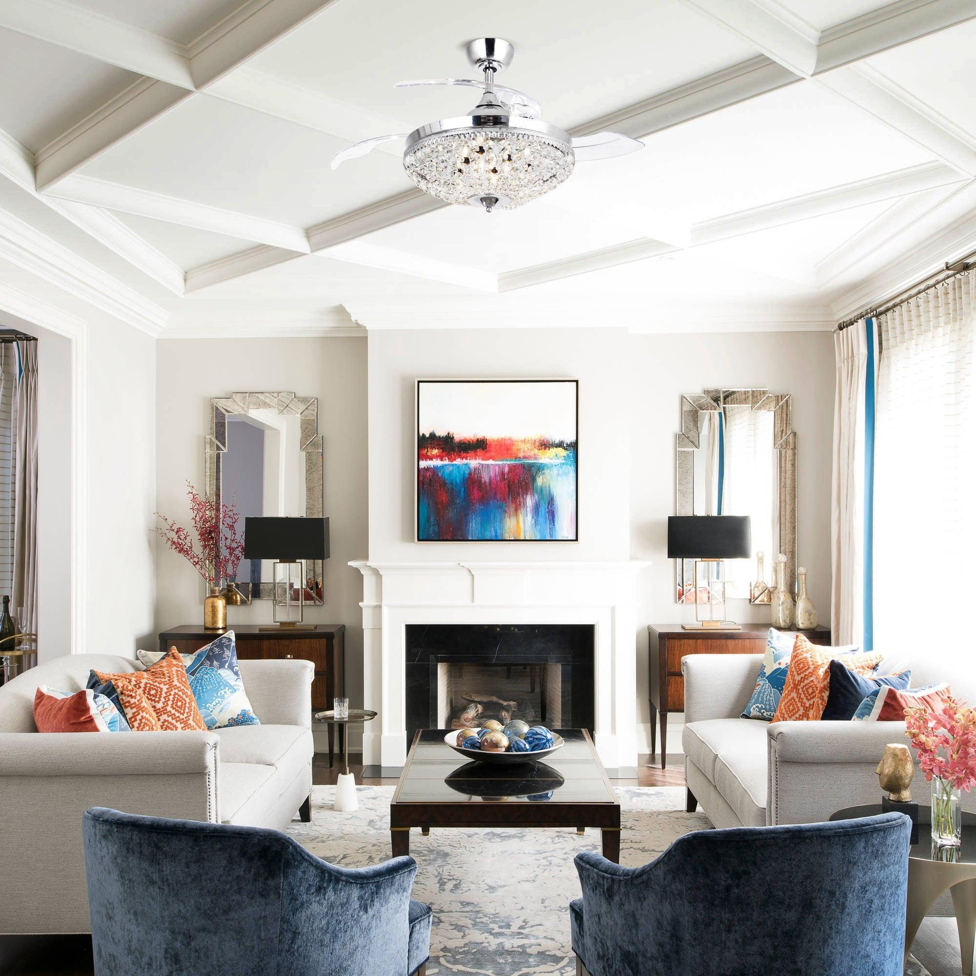 42" Servantes Modern Downrod Mount Crystal Ceiling Fan with Lighting and Remote Control - ParrotUncle