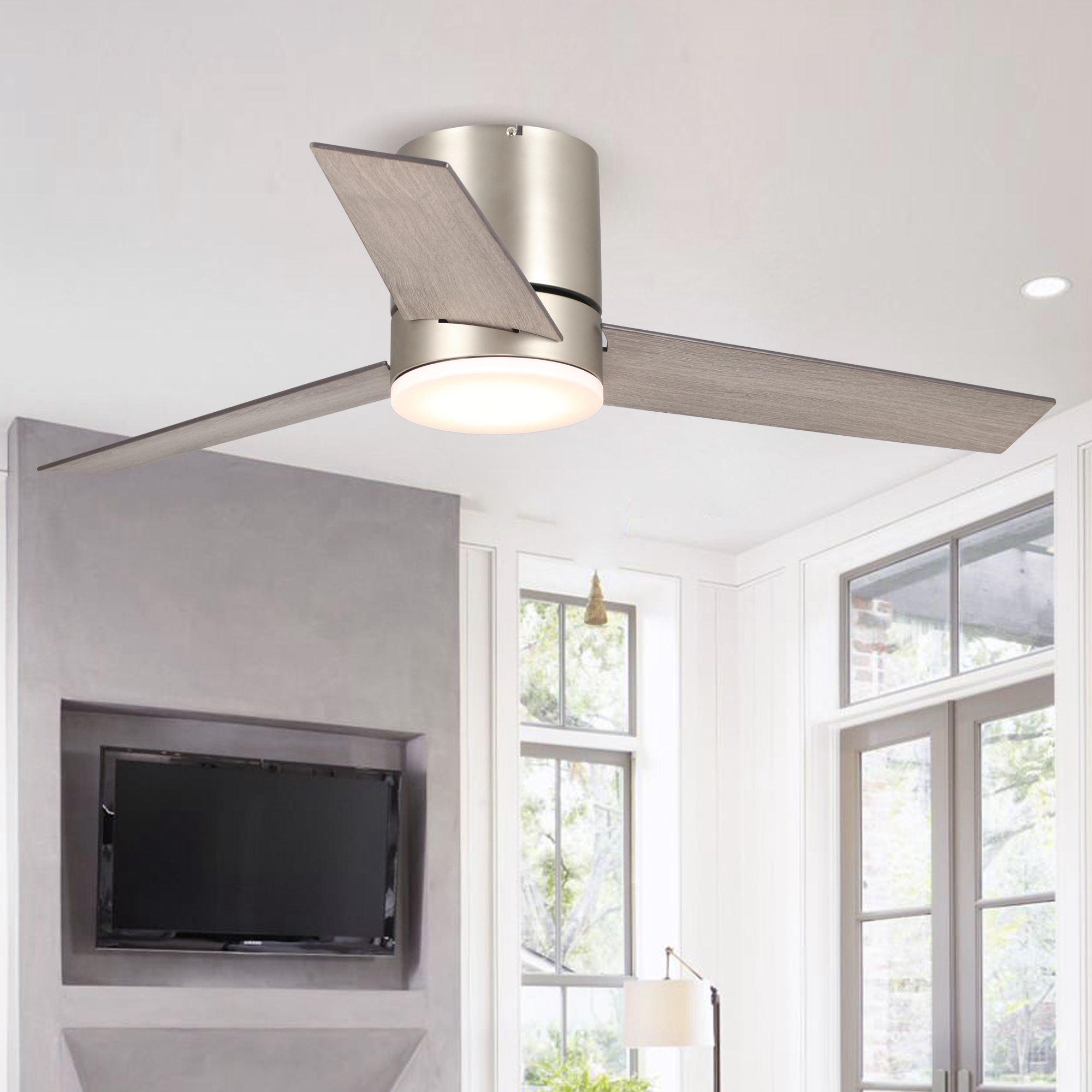 48" Modern Satin Nickel Flush Mount Reversible Ceiling Fan with Lighting and Remote Control - ParrotUncle