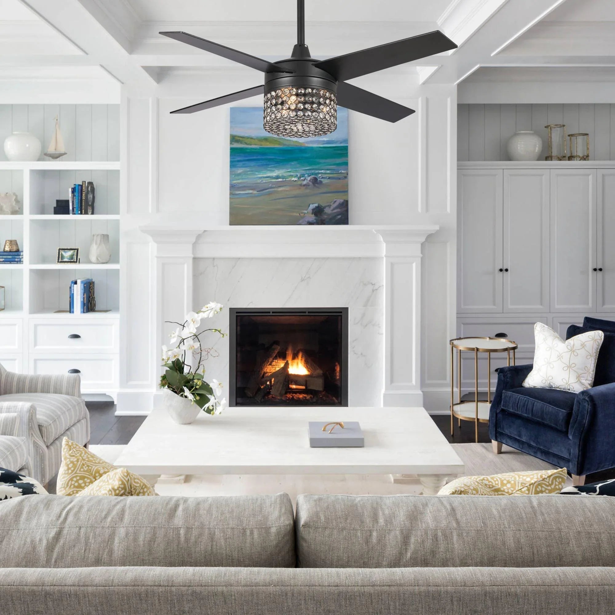 48" Pune Modern Downrod Mount Reversible Crystal Ceiling Fan with Lighting and Remote Control - ParrotUncle