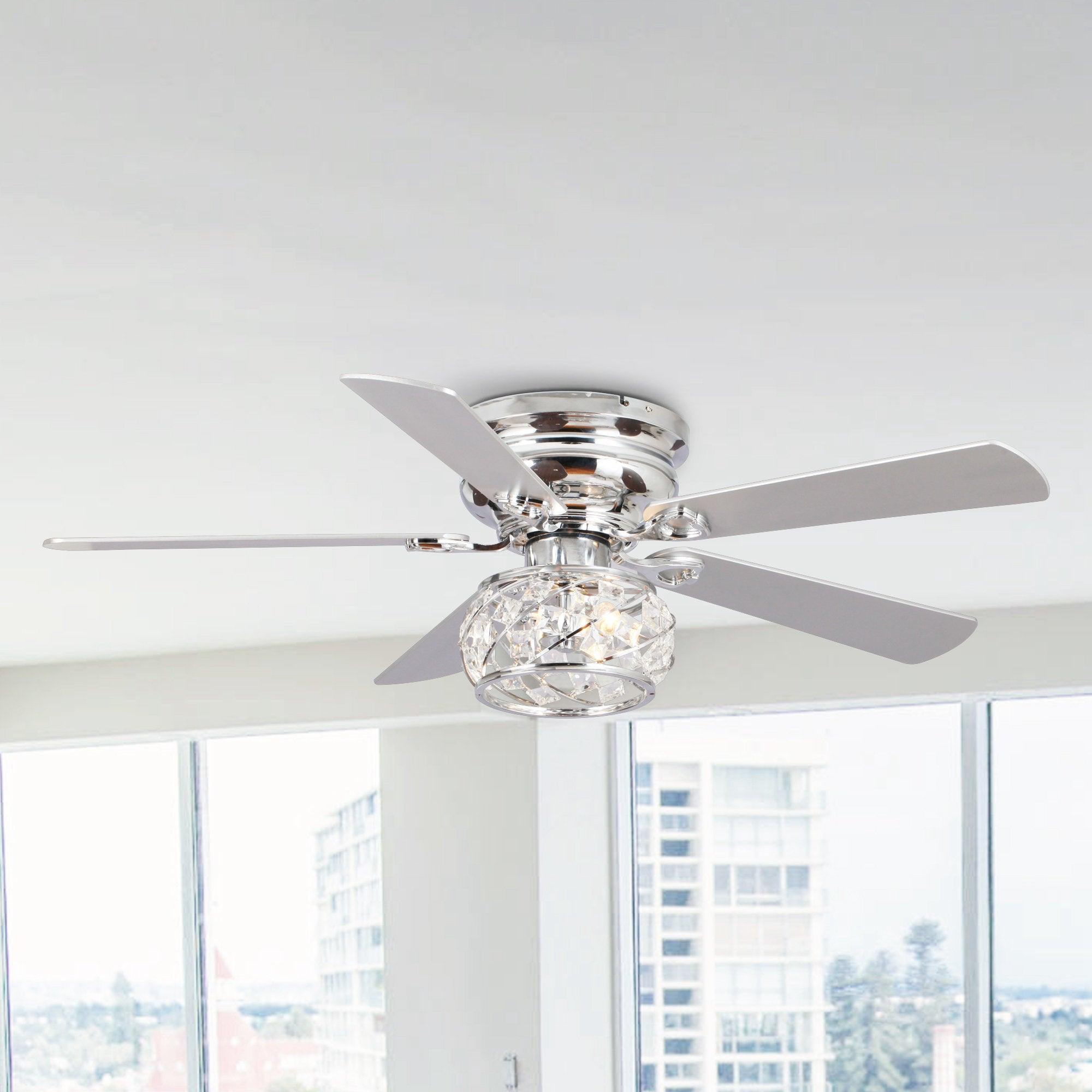 48" Traditional Chrome Flush Mount Reversible Crystal Ceiling Fan with Lighting and Remote Control - ParrotUncle