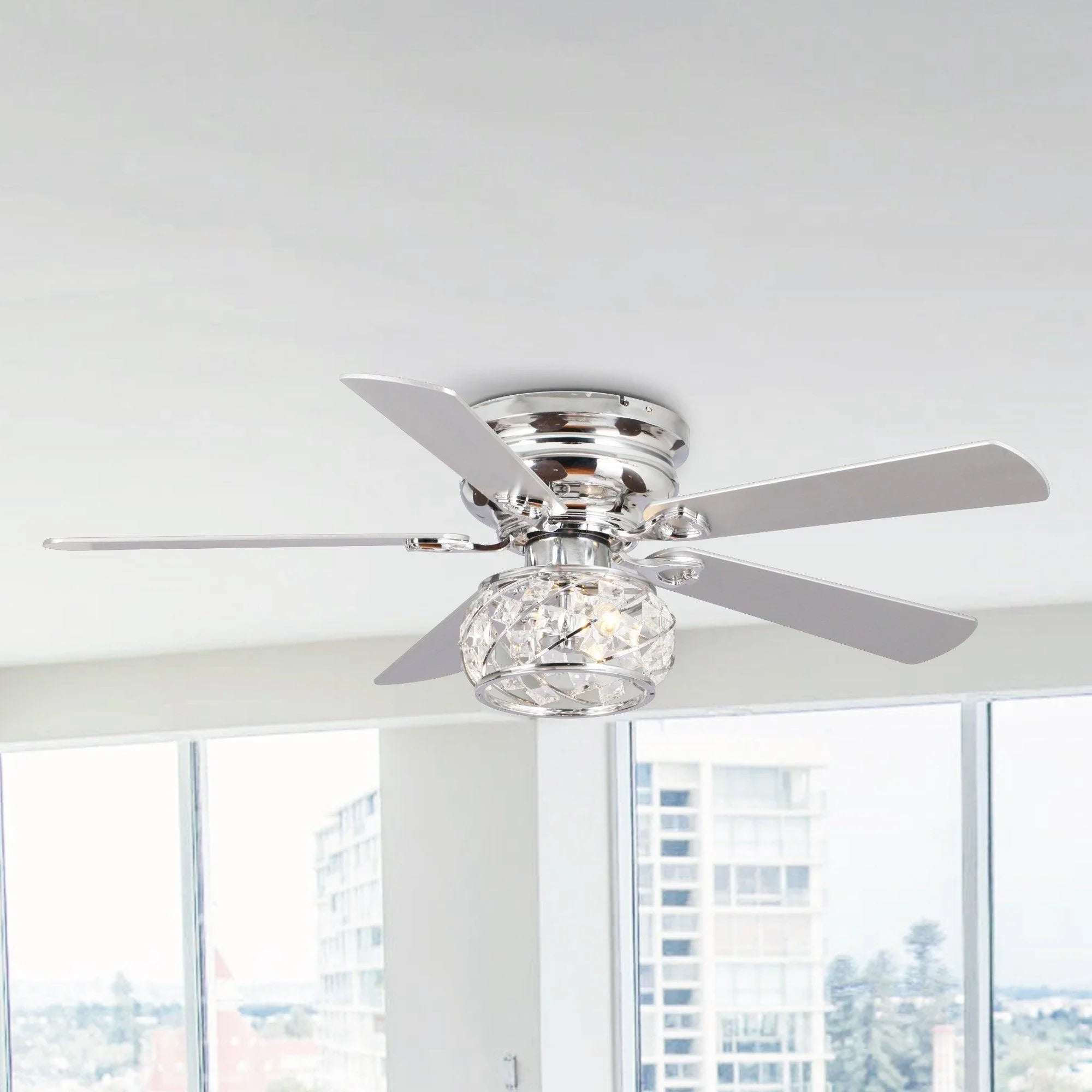 48" Traditional Chrome Flush Mount Reversible Crystal Ceiling Fan with Lighting and Remote Control - ParrotUncle