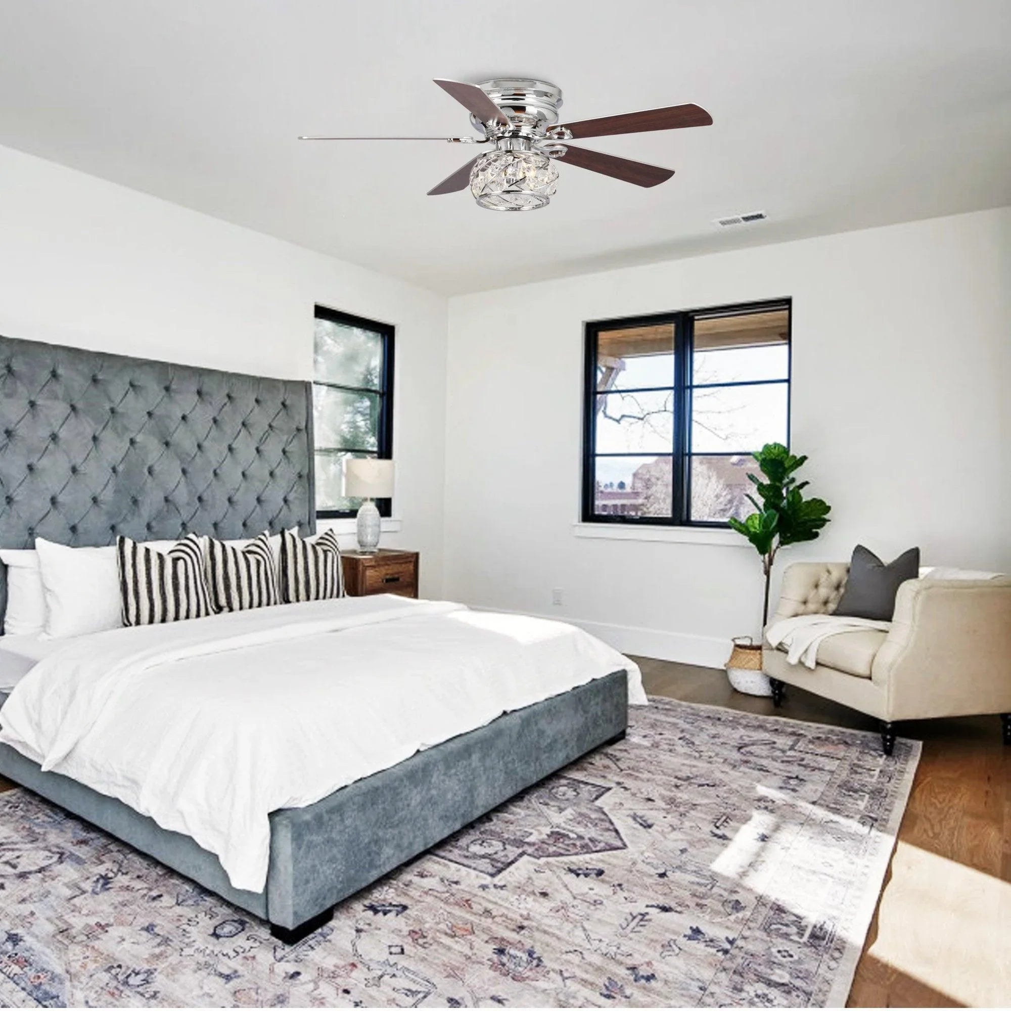 48" Traditional Chrome Flush Mount Reversible Crystal Ceiling Fan with Lighting and Remote Control - ParrotUncle