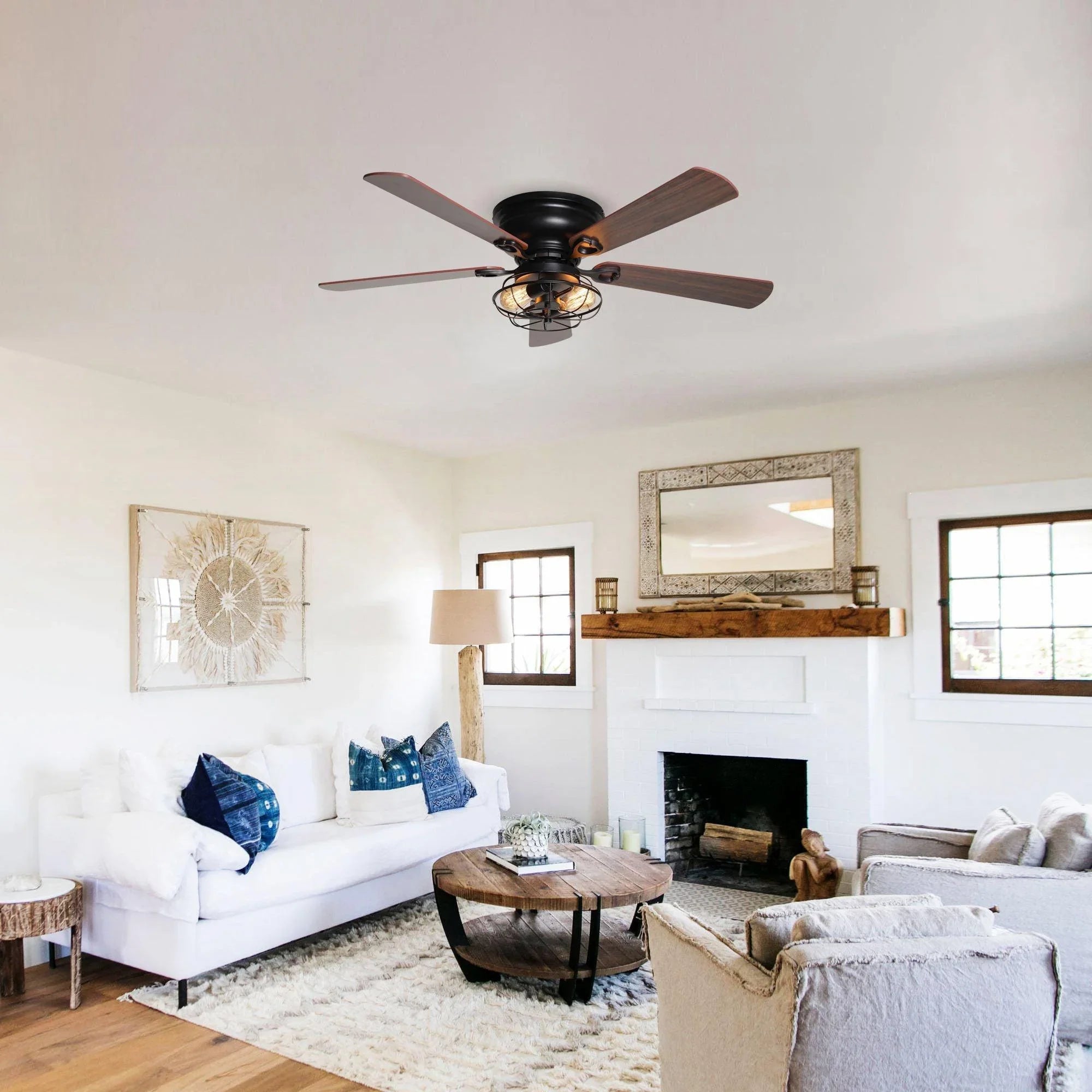 48" Ummuhan Industrial Flush Mount Reversible Ceiling Fan with Lighting and Remote Control - ParrotUncle