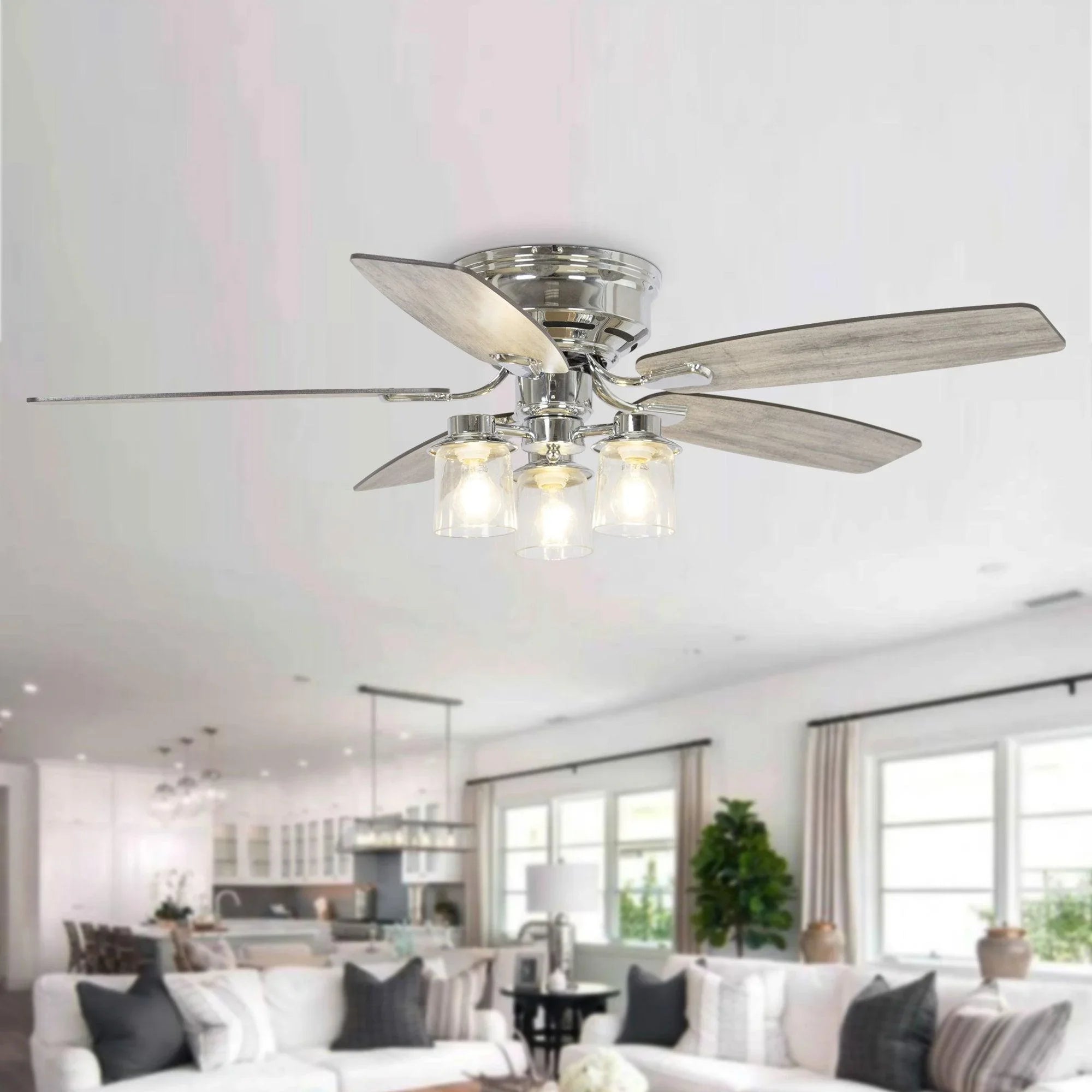 52" Bangatore Modern Chrome Flush Mount Reversible Ceiling Fan with Lighting and Remote Control - ParrotUncle