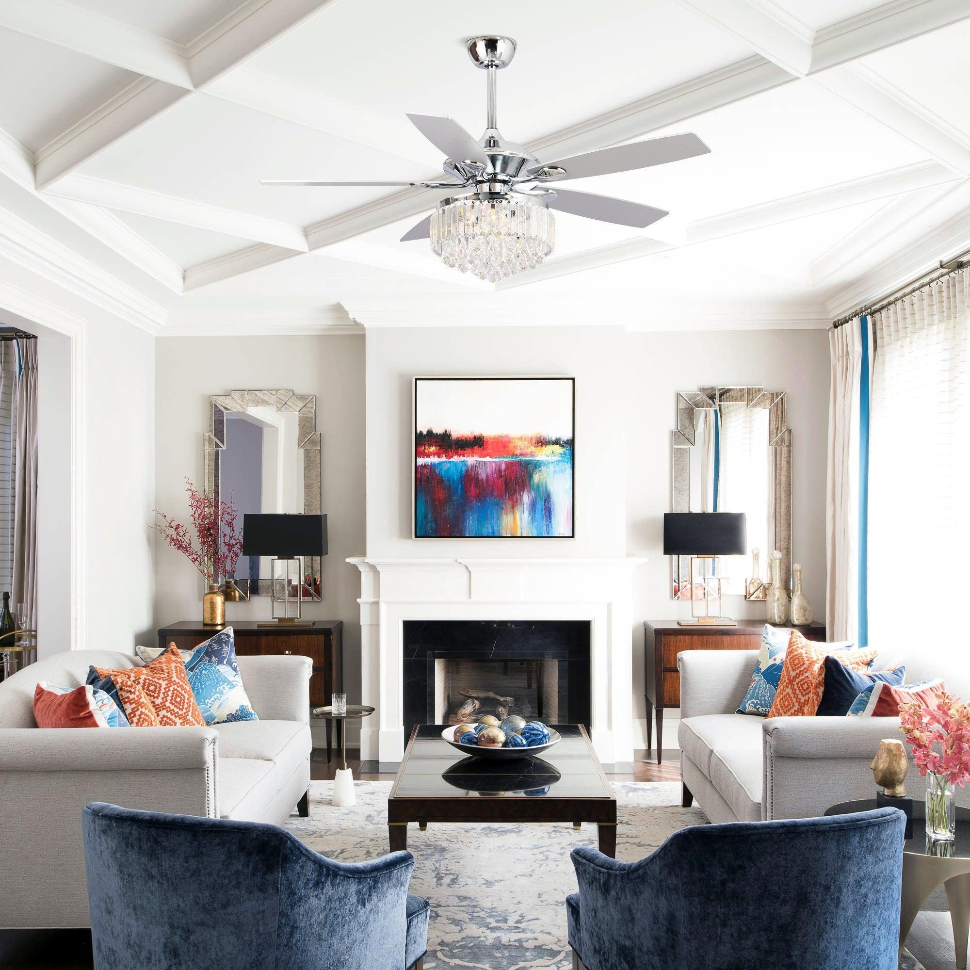 52" Elkton Modern Chrome Downrod Mount Reversible Crystal Ceiling Fan with Lighting and Remote Control - ParrotUncle