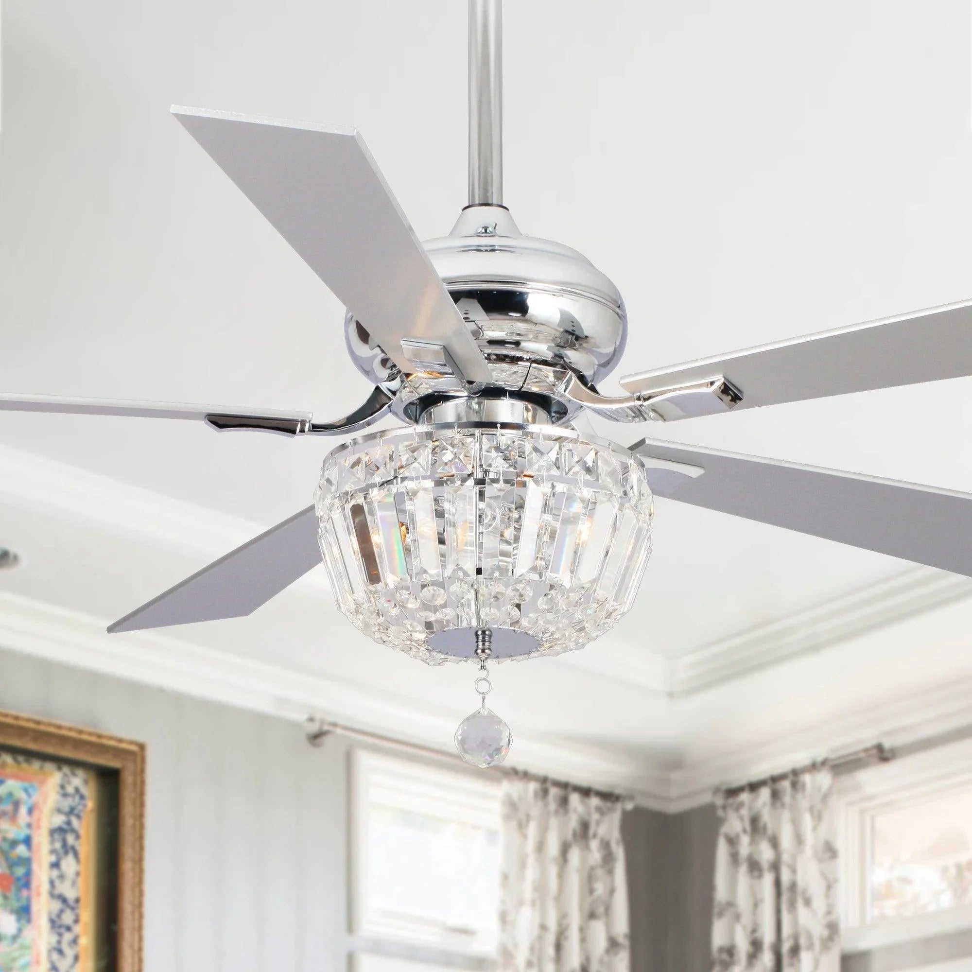 52" Ganga Modern Downrod Mount Reversible Crystal Ceiling Fan with Lighting and Remote Control - ParrotUncle