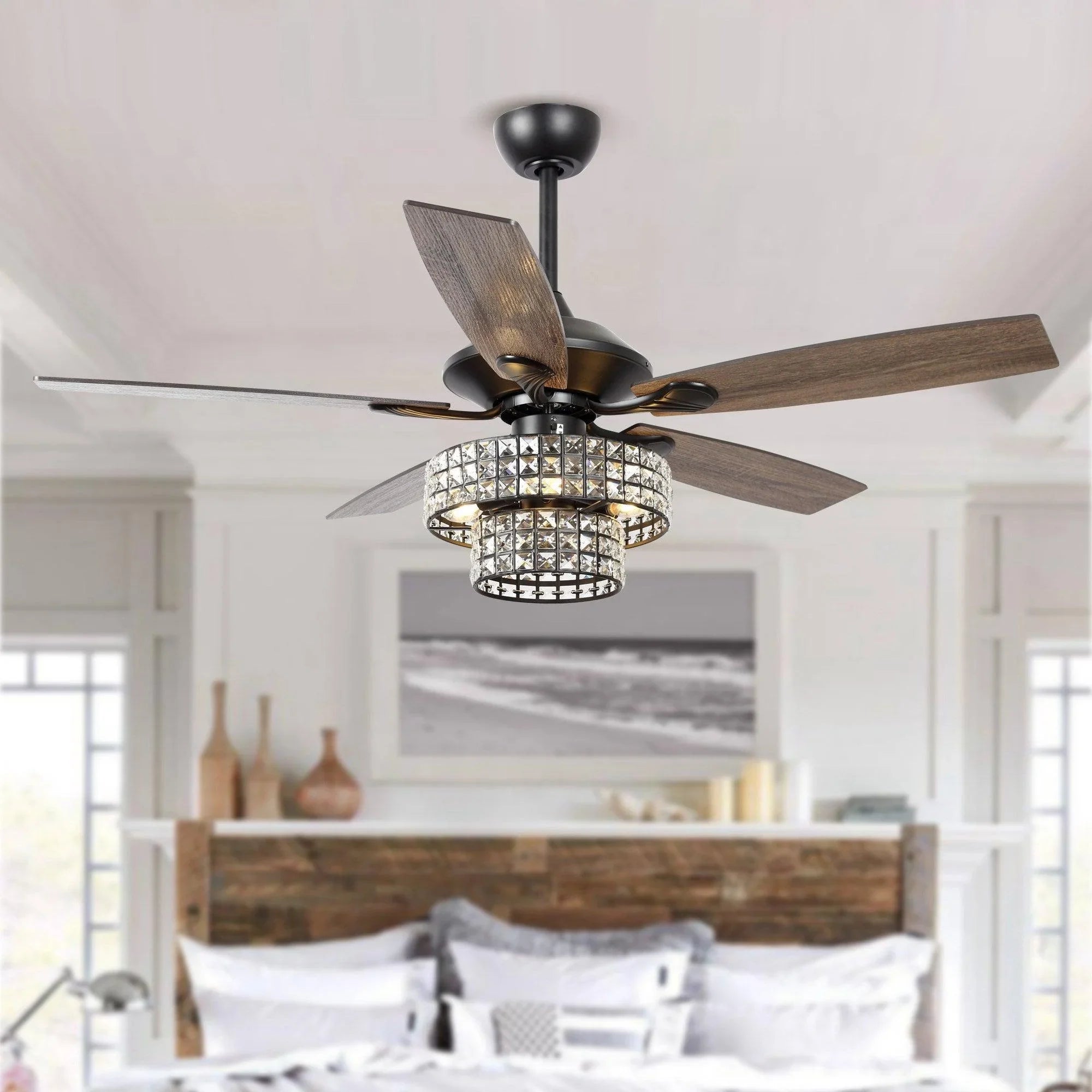 52" Howell Modern Downrod Mount Reversible Crystal Ceiling Fan with Lighting and Remote Control - ParrotUncle