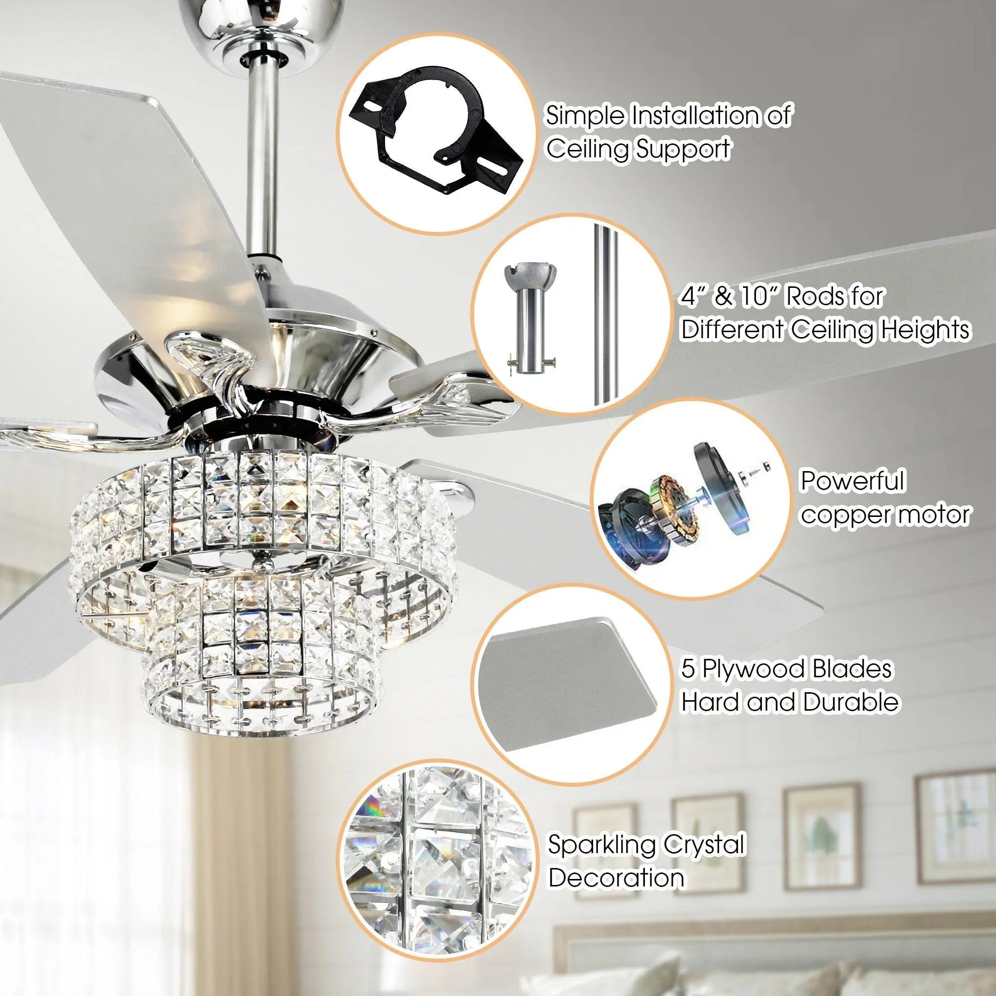 52" Howell Modern Downrod Mount Reversible Crystal Ceiling Fan with Lighting and Remote Control - ParrotUncle