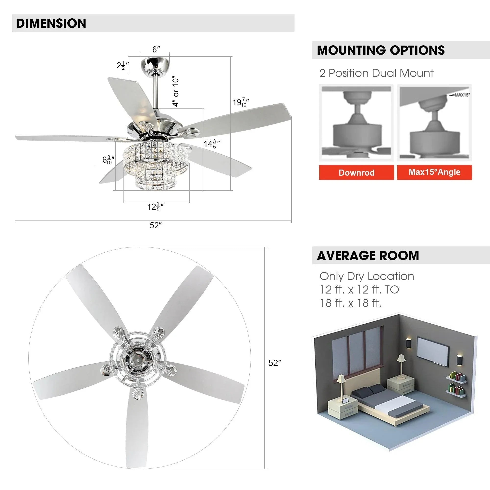 52" Howell Modern Downrod Mount Reversible Crystal Ceiling Fan with Lighting and Remote Control - ParrotUncle