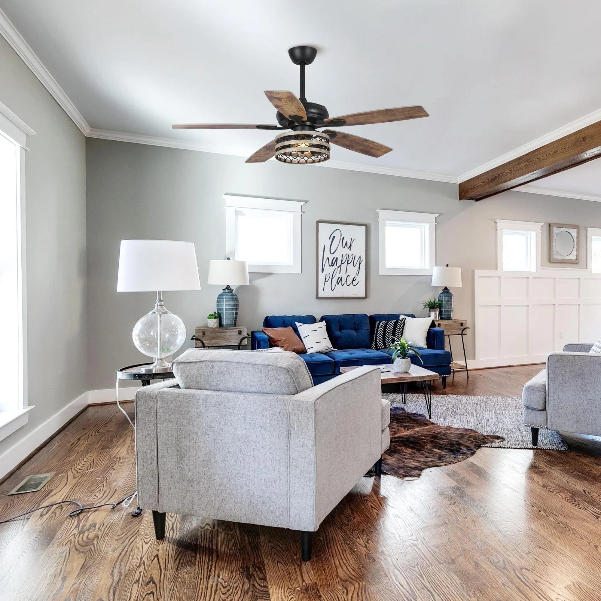 52" Hyderabad-Secunderabad Farmhouse Downrod Mount Reversible Ceiling Fan with Lighting and Remote Control - ParrotUncle