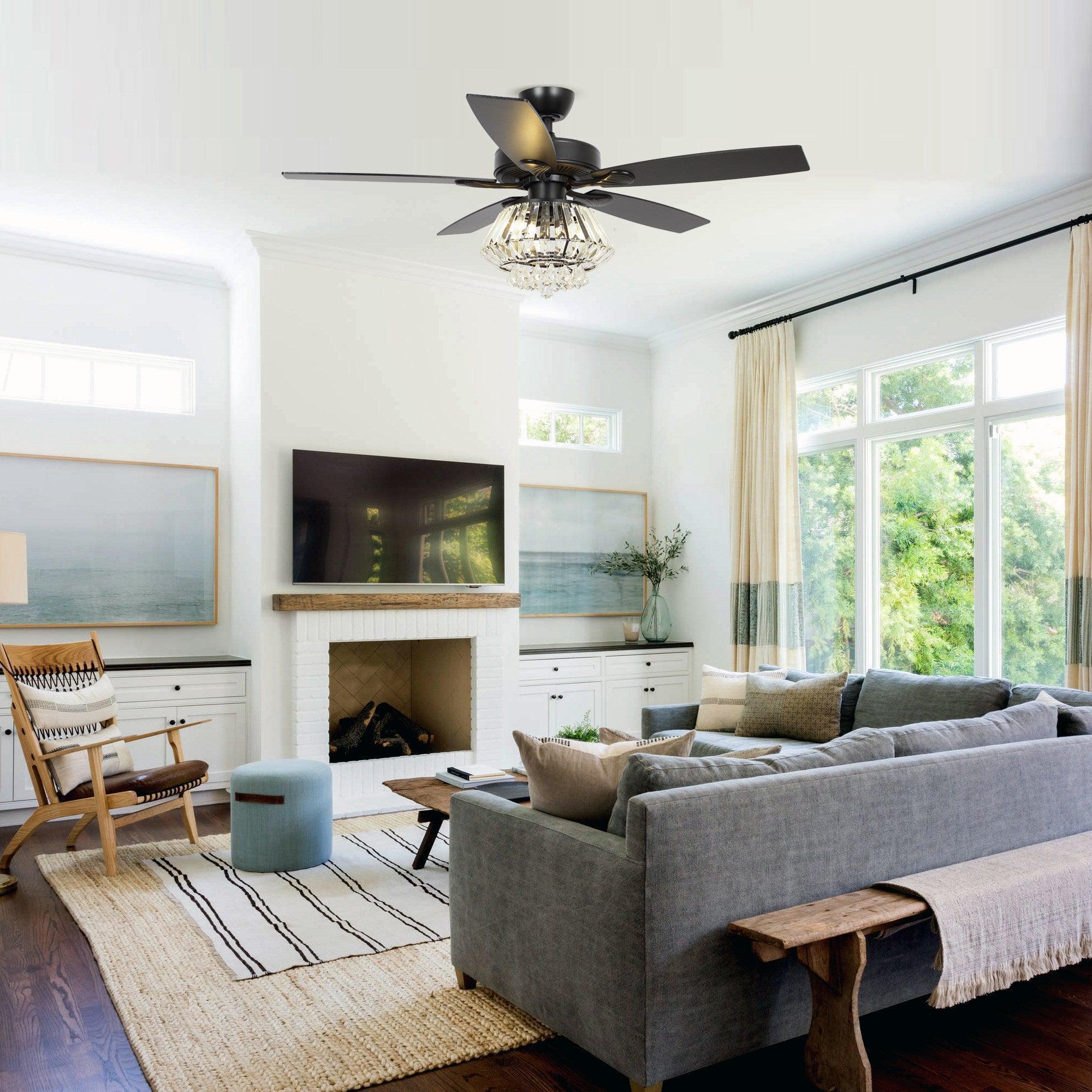 52" Kerala Modern Chrome Downrod Mount Reversible Crystal Ceiling Fan with Lighting and Remote Control - ParrotUncle