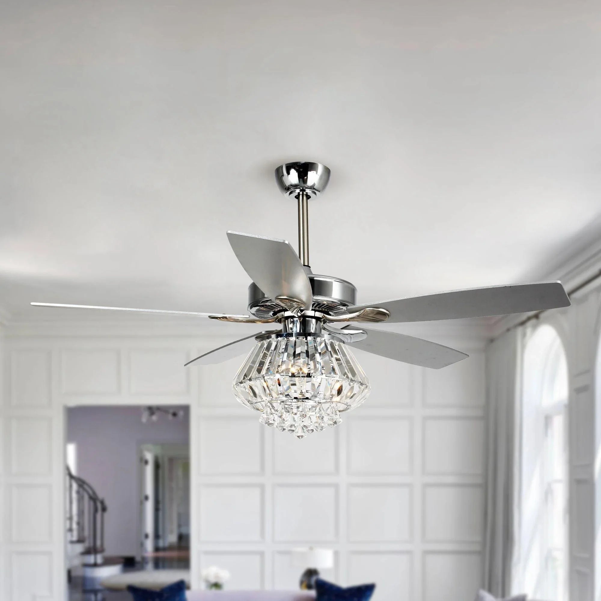 52" Kerala Modern Chrome Downrod Mount Reversible Crystal Ceiling Fan with Lighting and Remote Control - ParrotUncle