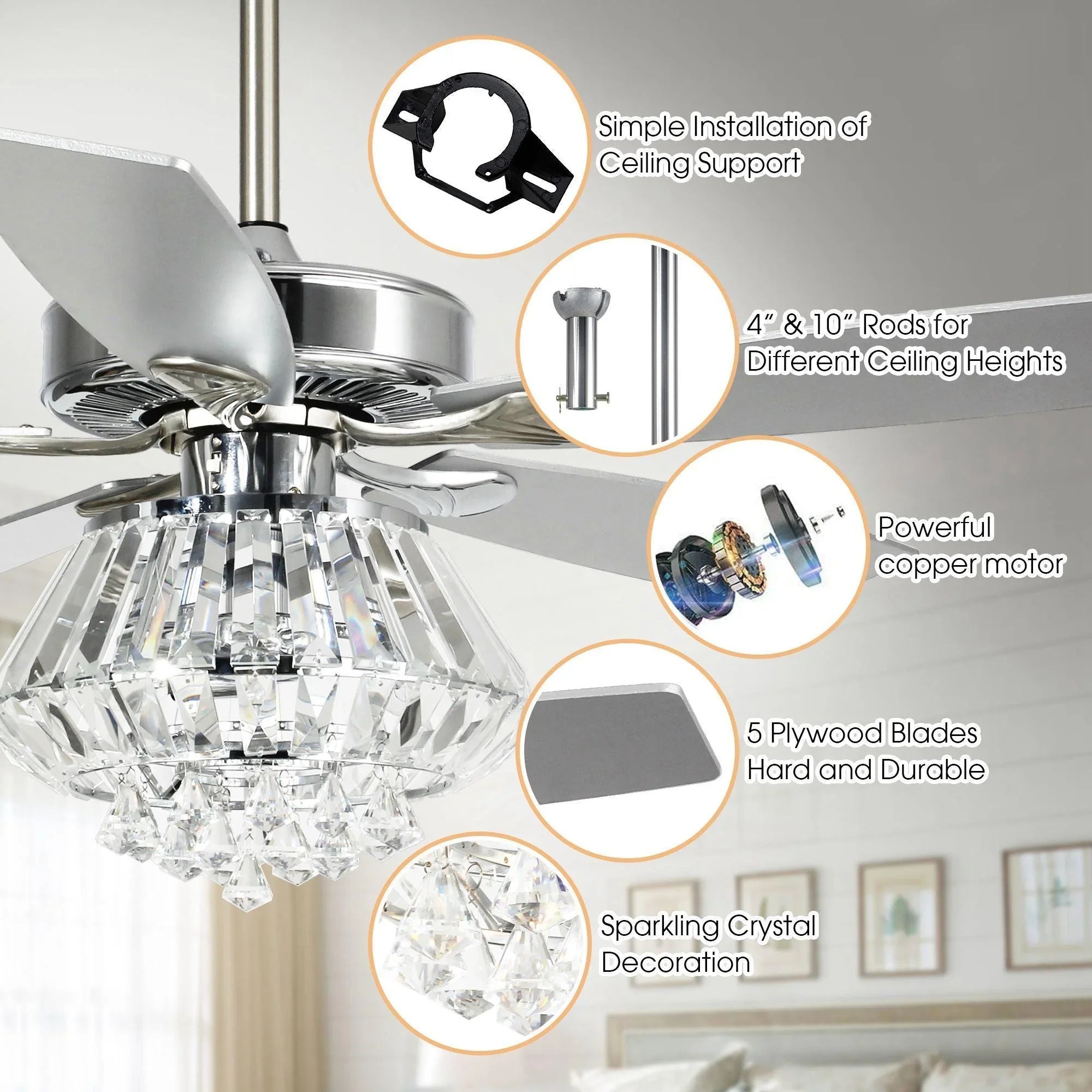 52" Kerala Modern Chrome Downrod Mount Reversible Crystal Ceiling Fan with Lighting and Remote Control - ParrotUncle