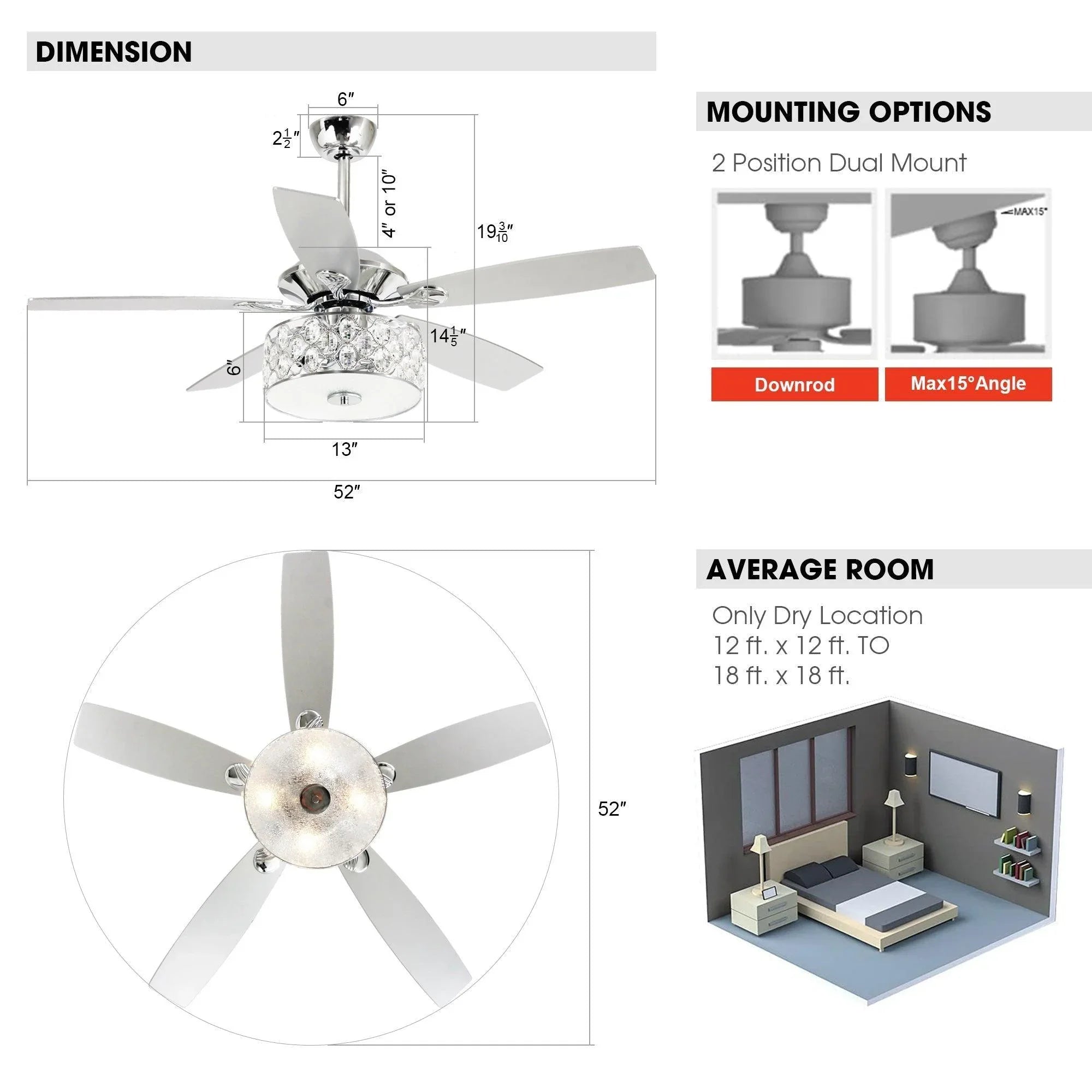 52" Tibuh Modern Downrod Mount Reversible Crystal Ceiling Fan with Lighting and Remote Control - ParrotUncle