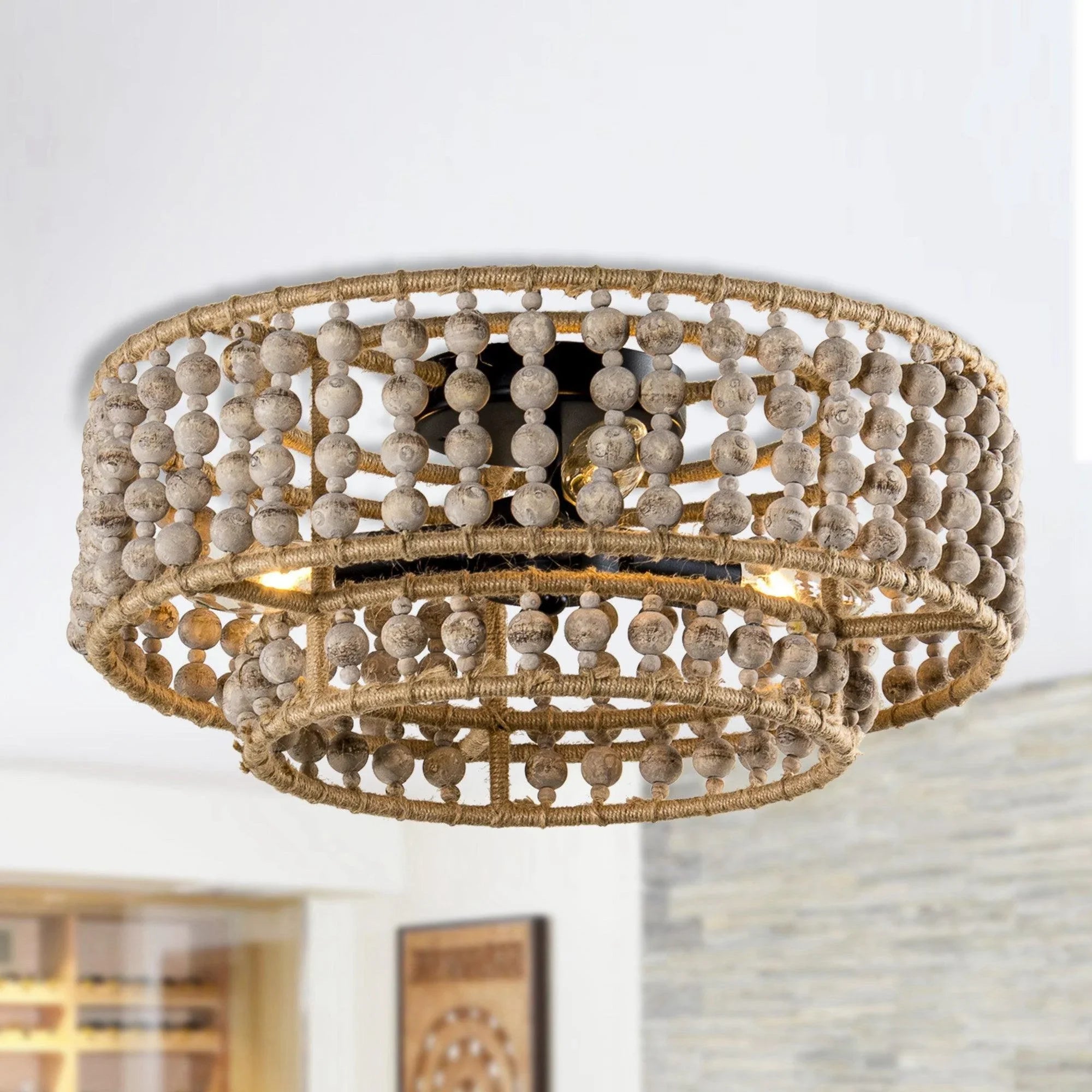 Parrot Uncle 3-Light Wood Beaded Flush Mount Ceiling Lights - ParrotUncle
