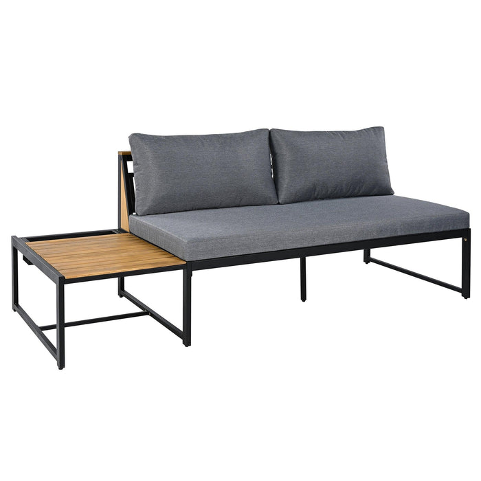 Juego de muebles de patio con sofás de dos plazas, 4 piezas de sofás de exterior con cojines impermeables, diseño duradero de hierro y madera para jardín, patio y piscina.