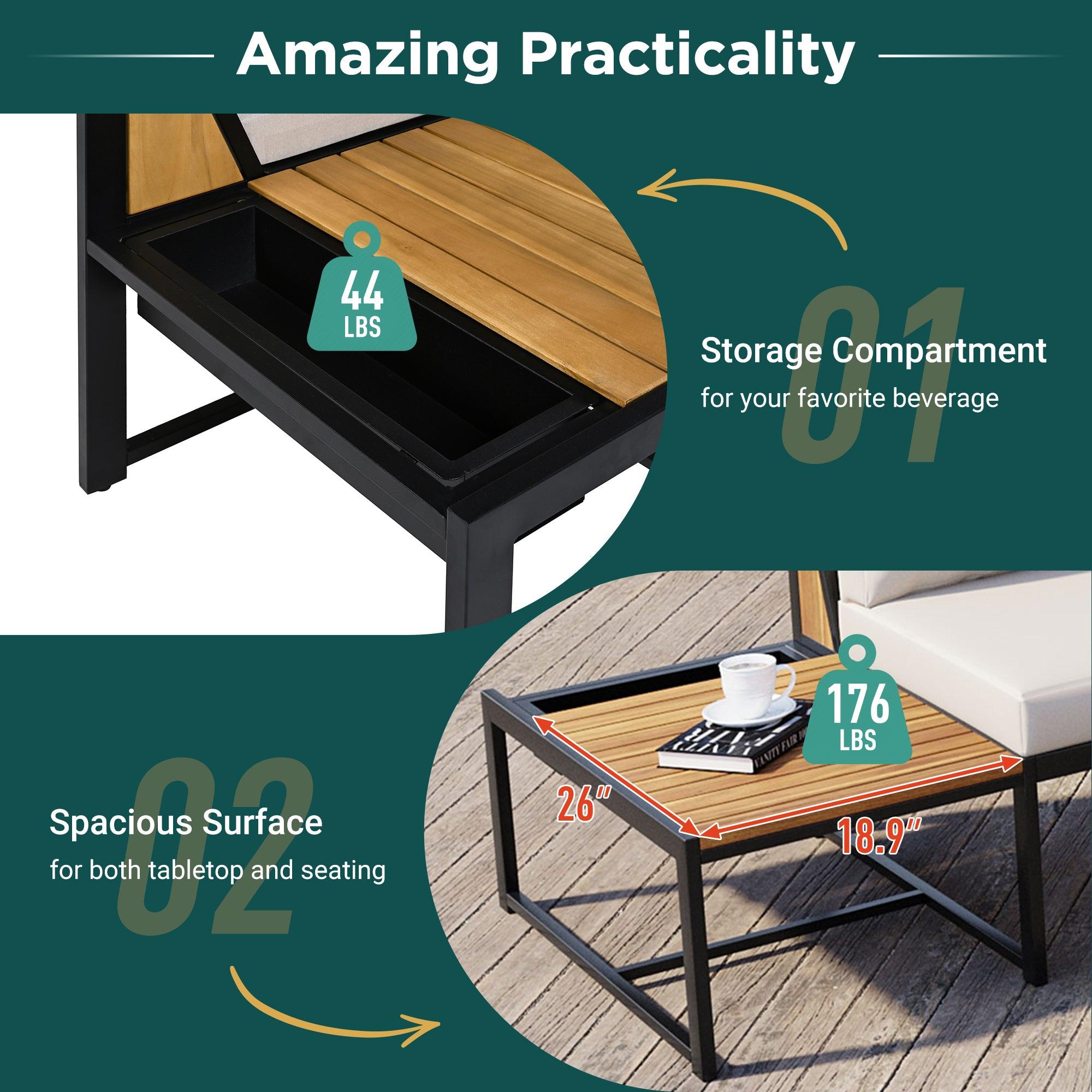 Juego de muebles de patio con sofás de dos plazas, 4 piezas de sofás de exterior con cojines impermeables, diseño duradero de hierro y madera para jardín, patio y piscina.