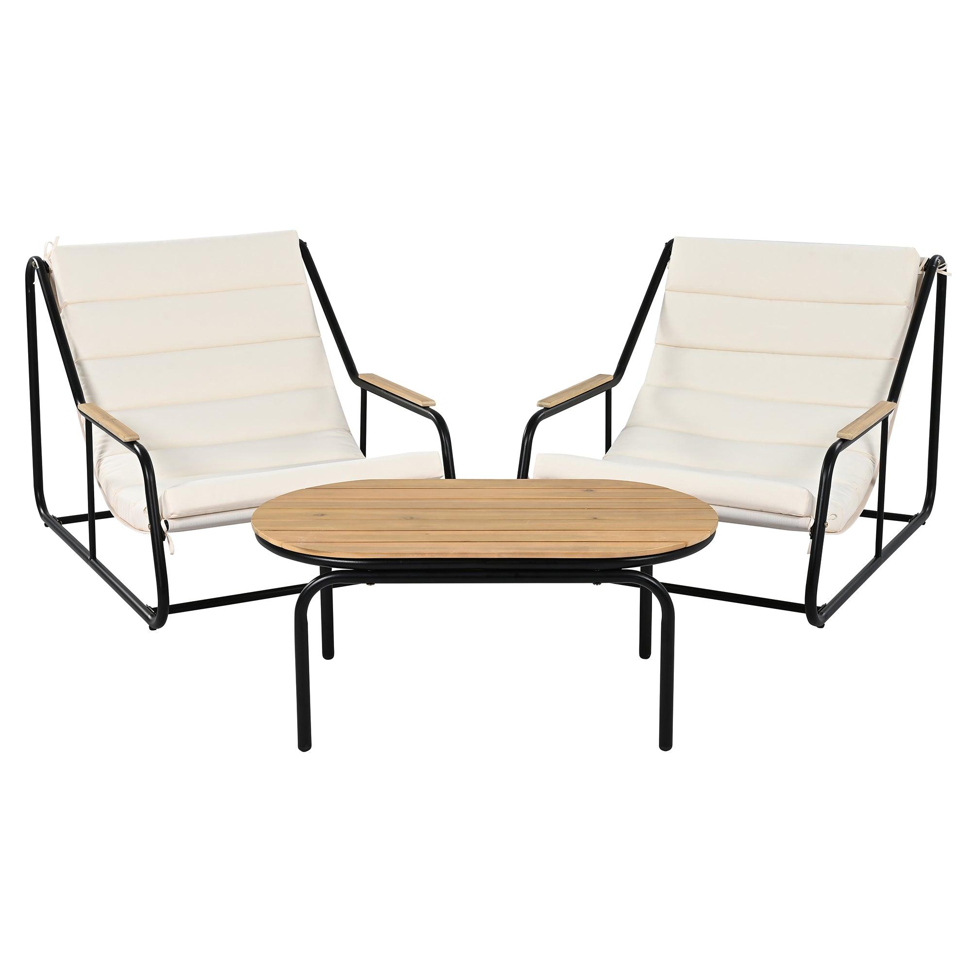 Outdoor Chaise Lounge Chairs Set of 3 with Acacia Side Table, Pool Lounge Chairs for Lawn, Deck, Beach