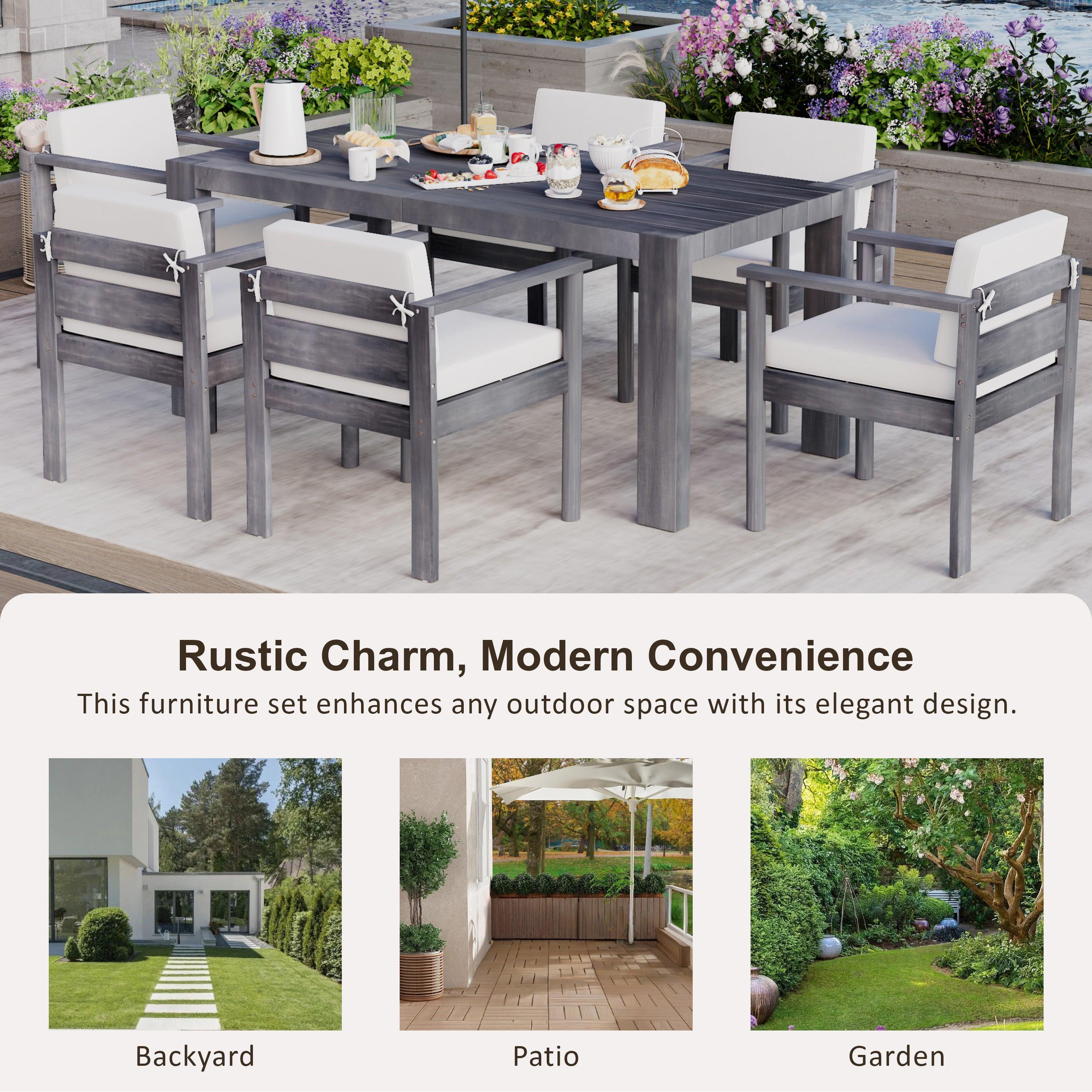 Juego de mesa y sillas de patio para exteriores de 7 piezas para 6 personas, con mesa rectangular de 183 cm y cojines extraíbles para patio, jardín y piscina.