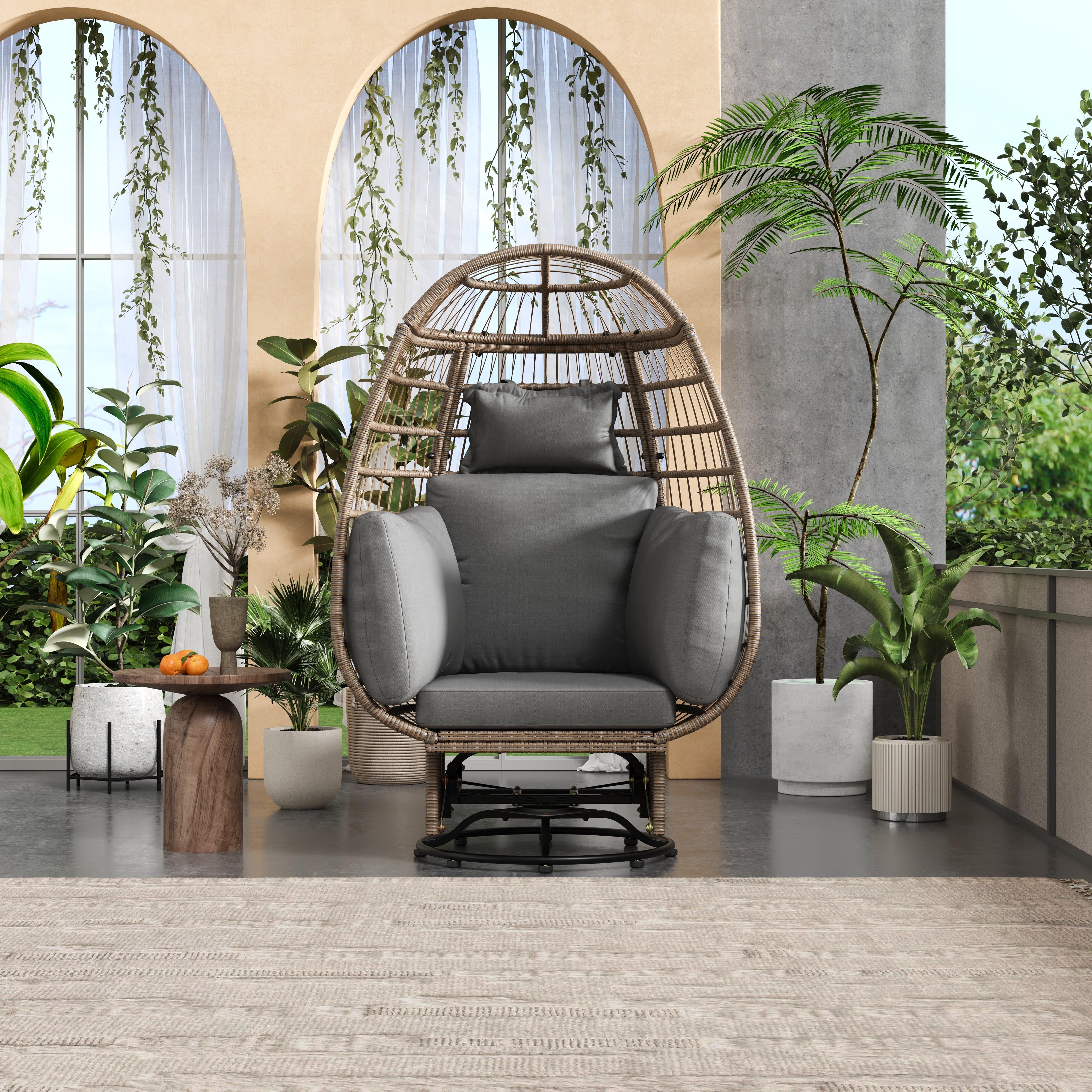 Silla giratoria de exterior con cojines, silla de ratán con forma de huevo y función de balanceo para balcón, piscina y jardín.