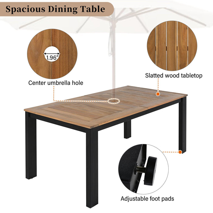 7-Piece Outdoor Patio Table and Chairs Set, Wood Dining Table Set for 6 with Umbrella Hole, 2 Armchairs & 4 Side Chairs for Garden, Backyard, Poolside