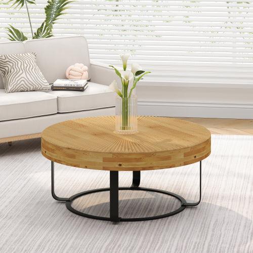 Mesa de centro redonda moderna de 31,5" con diseño tallado en madera y patas de metal para sala de estar, recepción, oficina, color dorado.
