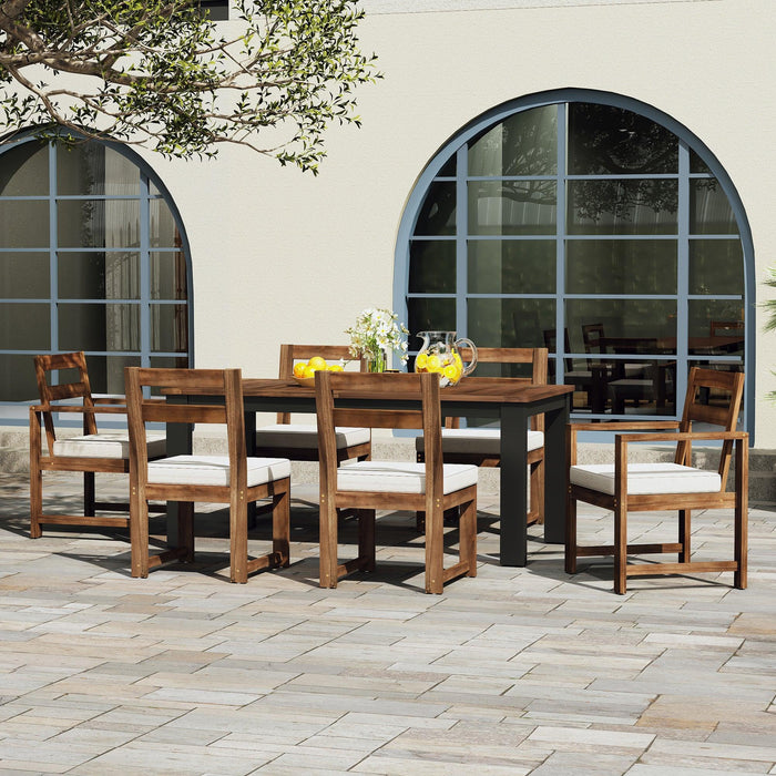 7-Piece Outdoor Patio Table and Chairs Set, Wood Dining Table Set for 6 with Umbrella Hole, 2 Armchairs & 4 Side Chairs for Garden, Backyard, Poolside