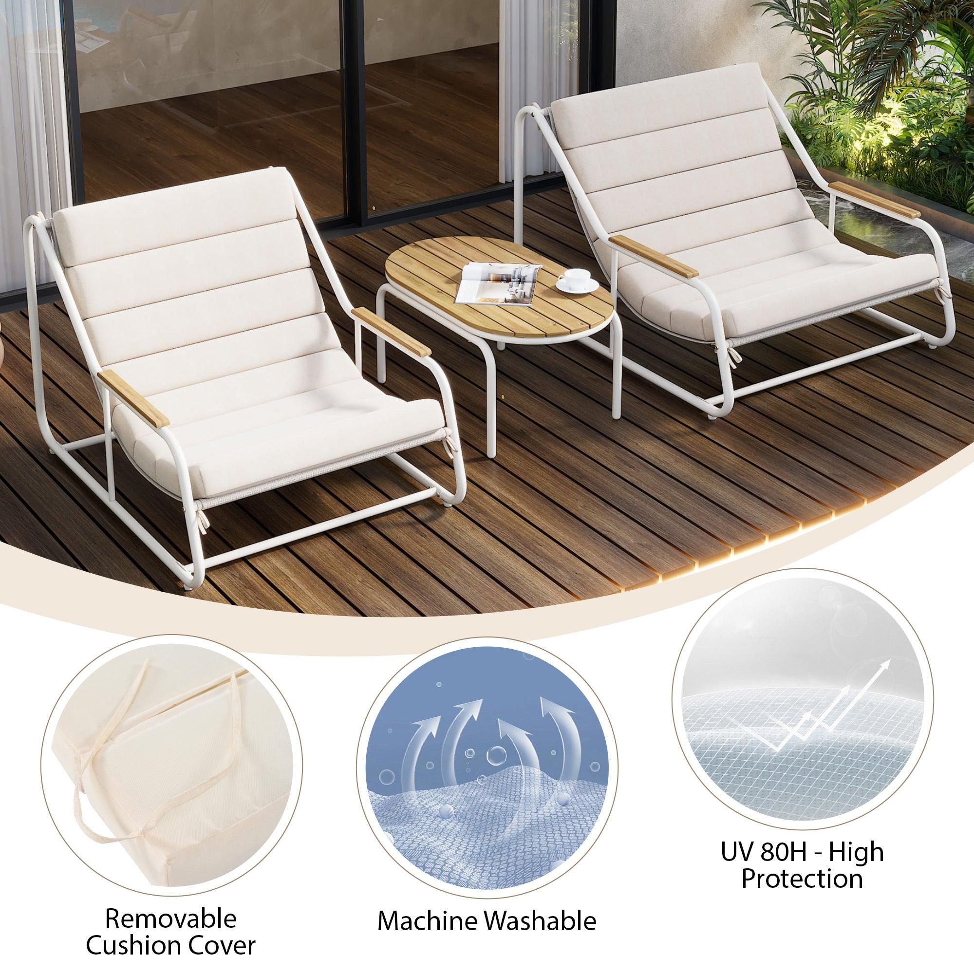 Outdoor Chaise Lounge Chairs Set of 3 with Acacia Side Table, Pool Lounge Chairs for Lawn, Deck, Beach
