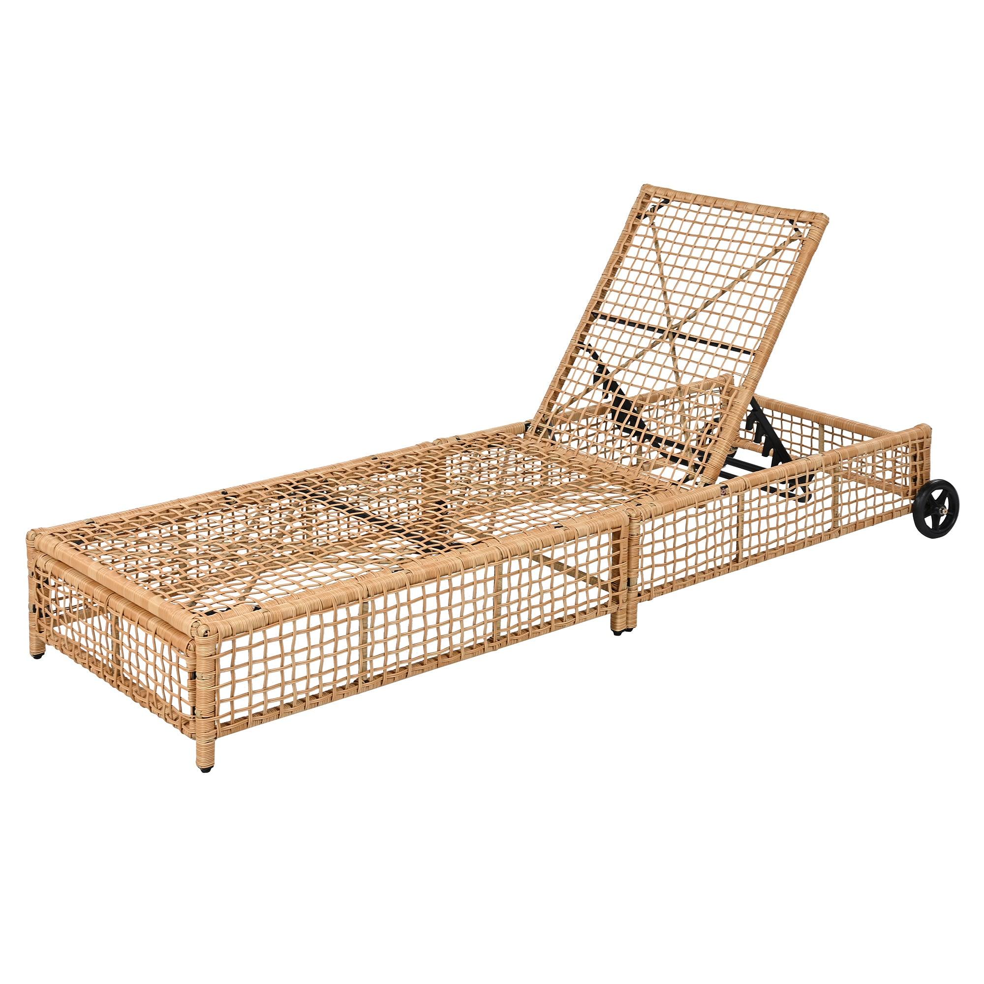 Sillón de exterior, tumbona de patio con respaldo de 5 posiciones, sillón de ratán con cojín y ruedas para piscina, patio y jardín.
