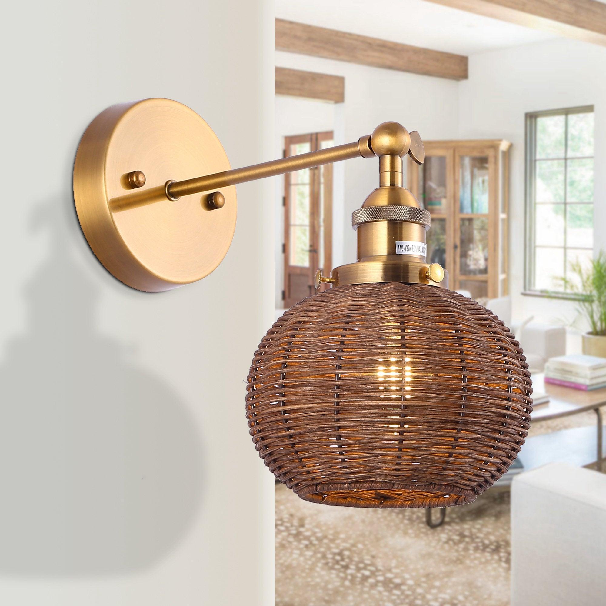 1-Light Traditional Rattan Golden Wall Sconce Light - ParrotUncle