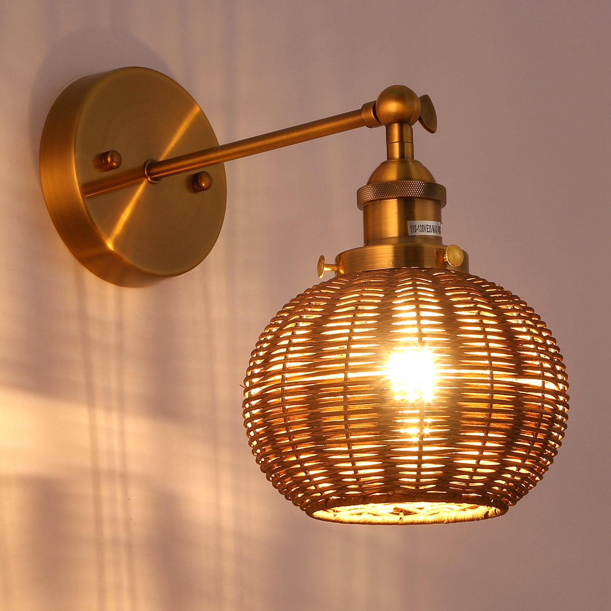 1-Light Traditional Rattan Golden Wall Sconce Light - ParrotUncle