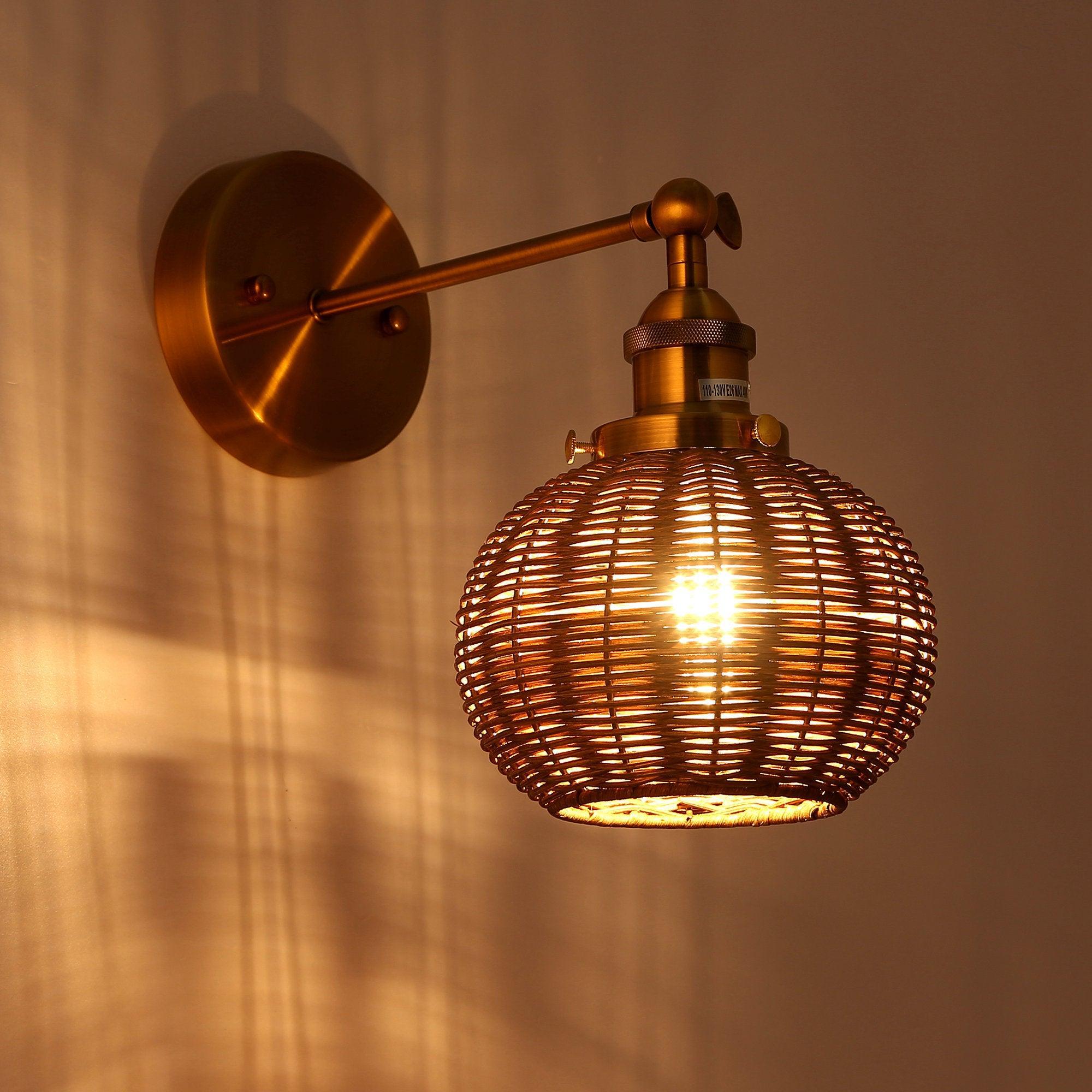 1-Light Traditional Rattan Golden Wall Sconce Light - ParrotUncle