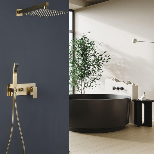 1-Spray Patterns with 10 in. Showerhead Wall Mounted Dual Shower Heads with Balance Valve in Spot Resist Brushed Gold - ParrotUncle