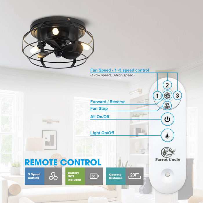 12" Industrial DC Motor Satin Nickel Flush Mount Reversible Iron Ceiling Fan with Lighting and Remote Control - ParrotUncle