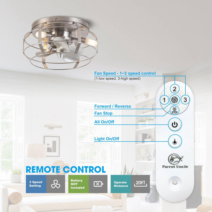 12" Industrial DC Motor Satin Nickel Flush Mount Reversible Iron Ceiling Fan with Lighting and Remote Control - ParrotUncle