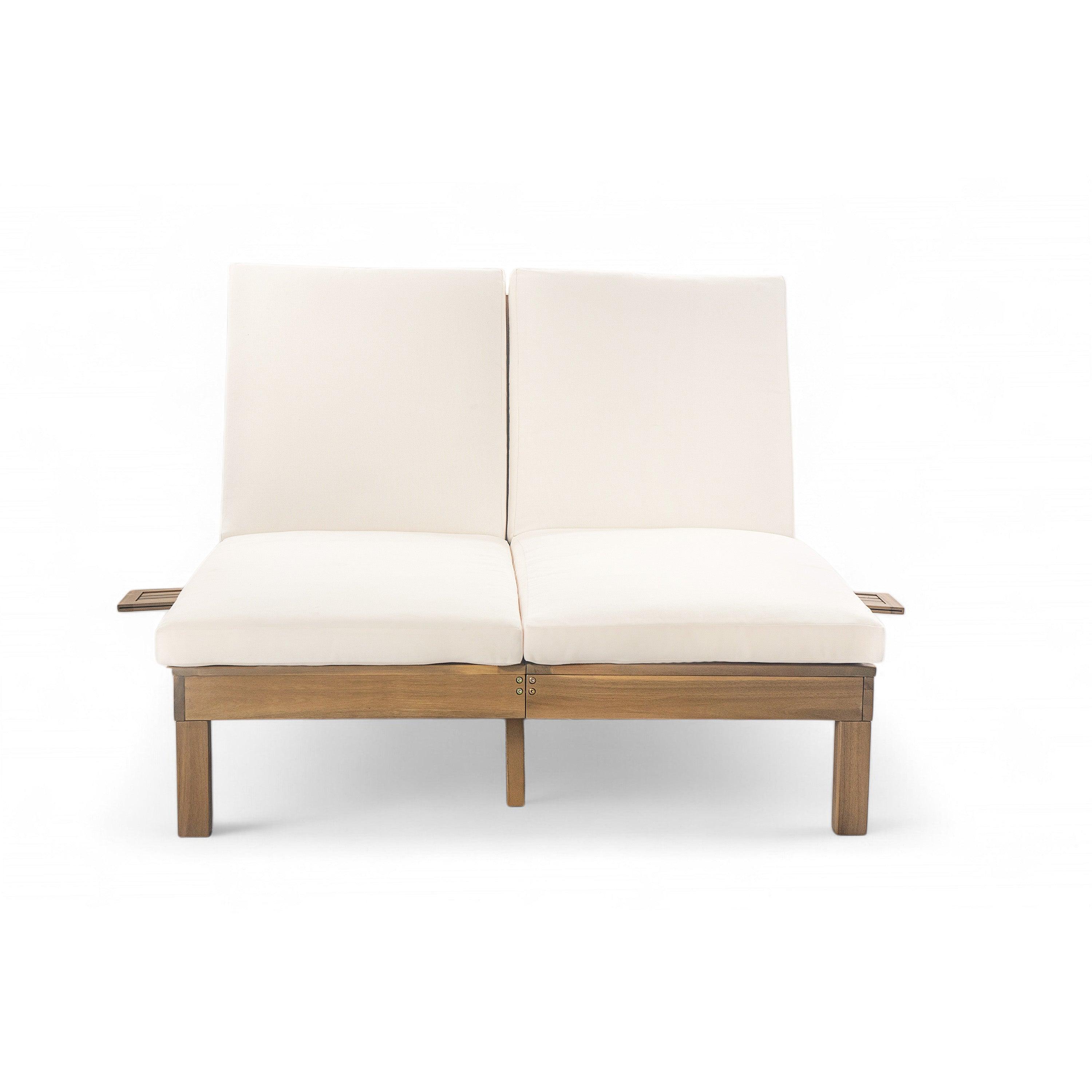 Chaise longue de exterior con respaldo ajustable en 5 posiciones, cojín y bandejas laterales plegables para 2 personas, ideal para jardín junto a la piscina.