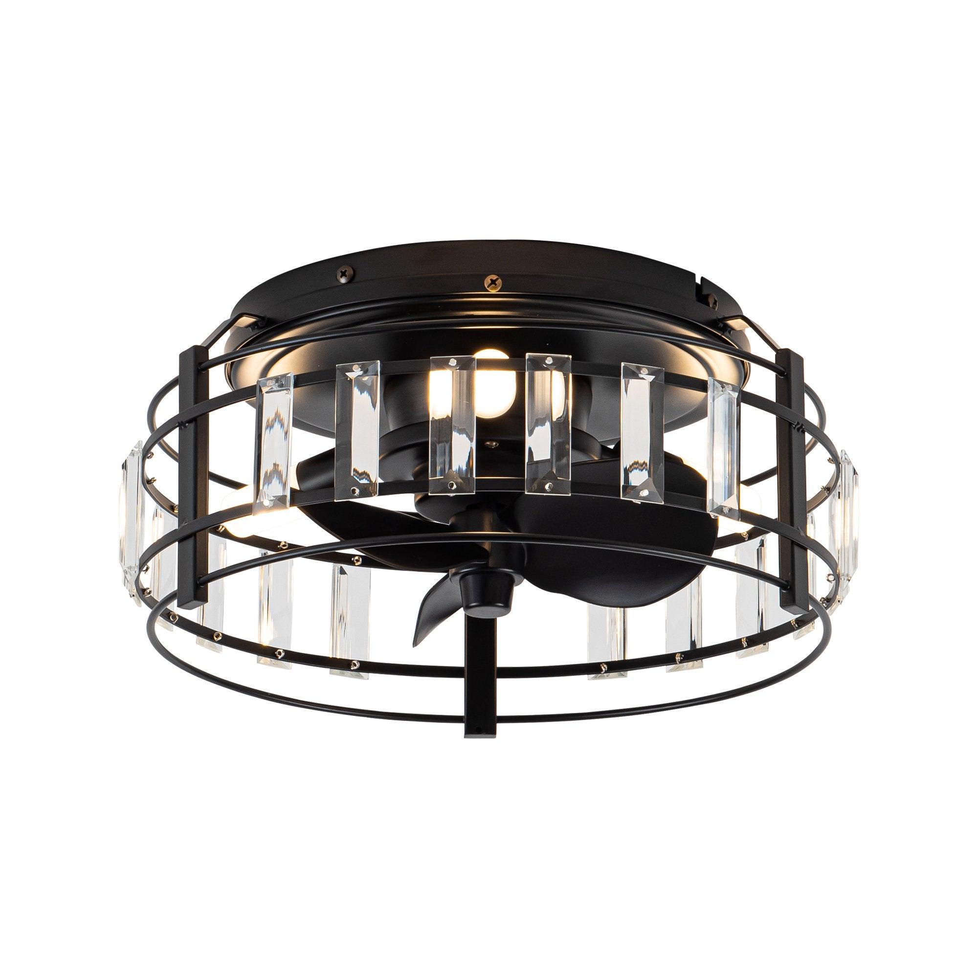 13" Industrial DC Motor Flush Mount Reversible Crystal Ceiling Fan with Lighting and Remote Control - ParrotUncle